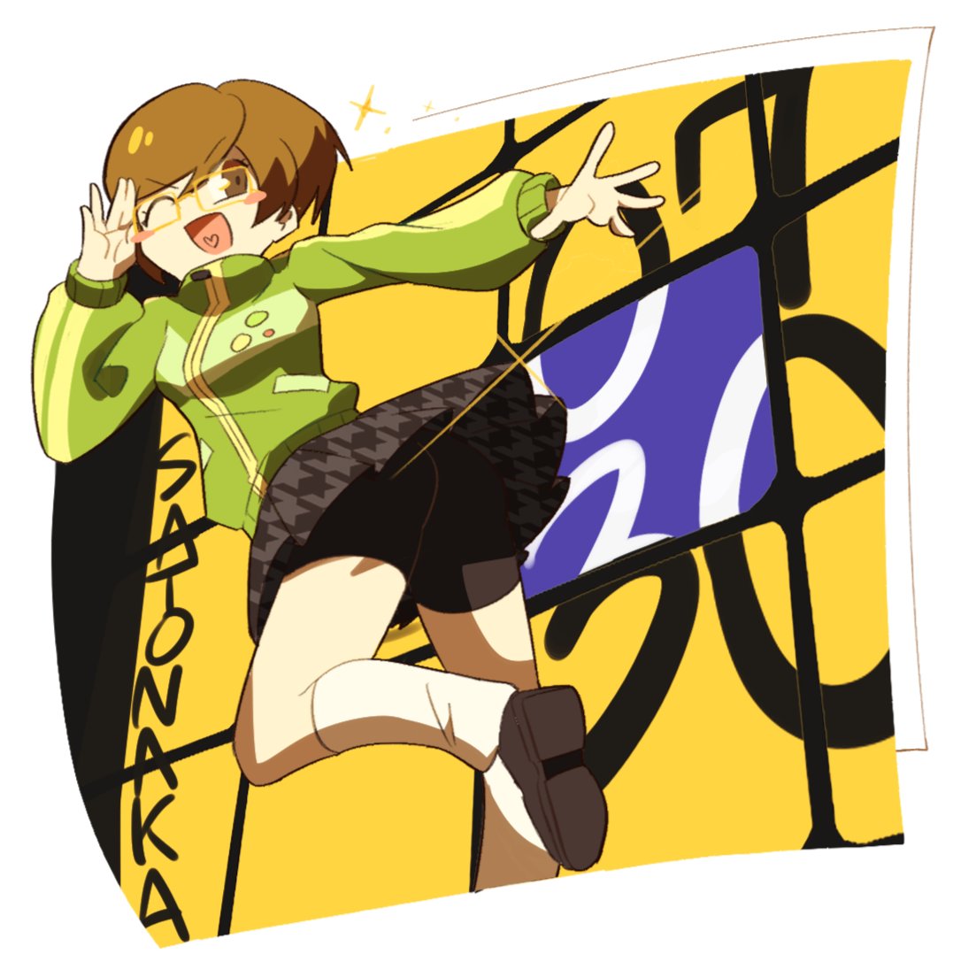 sasibowol, satonaka chie, persona, persona 4, commentary request, korean commentary, 1girl, ass, black shorts, black skirt, blush, brown eyes, brown hair, character name, full body, glasses, green jacket, heart, heart in mouth, houndstooth, jacket, long sleeves, looking at viewer, one eye closed, open mouth, pleated skirt, print skirt, school uniform, shoes, short hair, shorts, shorts under skirt, simple background, skirt, smile, socks, solo, white background, white socks, yasogami school uniform, yellow-framed eyewear