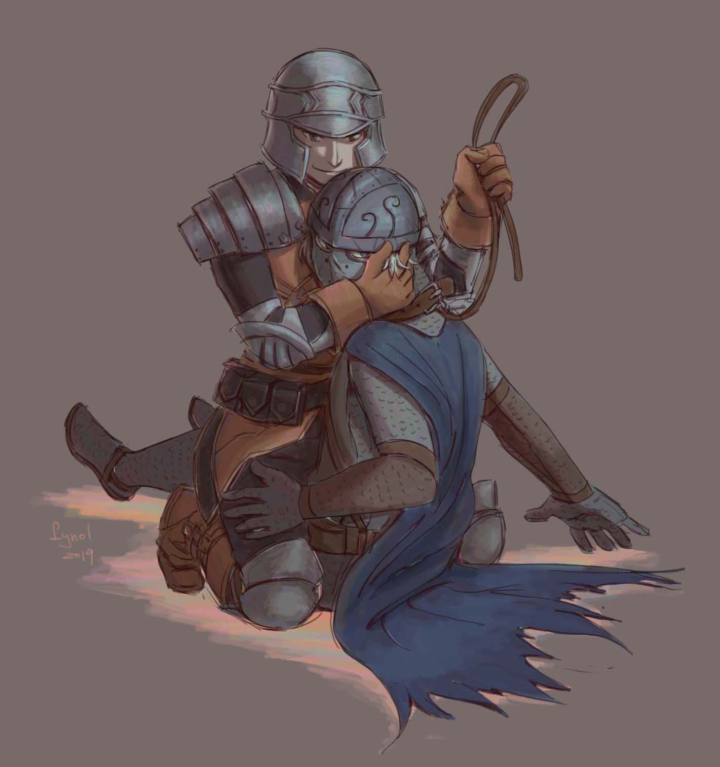 lynol, creighton of mirrah, mild mannered pate, dark souls (series), dark souls ii, highres, 2boys, armor, black pants, blue cape, brown gloves, cape, chainmail, closed mouth, full body, gloves, grey background, hand on another's head, helmet, holding, holding leash, knight, leash, looking at viewer, male focus, mask, masked, multiple boys, pants, pauldrons, shoulder armor, sitting, sitting on person, smile, yaoi