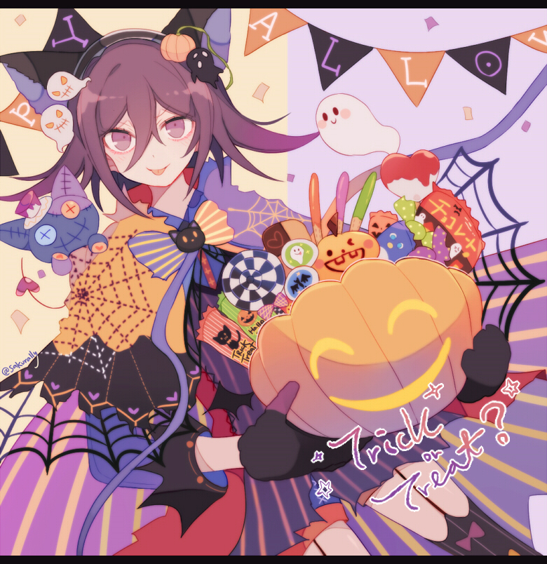sakura (fein5862817), oma kokichi, danganronpa (series), danganronpa v3: killing harmony, 1boy, alternate costume, animal ear hairband, animal ears, black border, black gloves, black hairband, black thighhighs, border, bow, bow legwear, bucket, candy, capelet, cat ear hairband, cat ears, chocolate, chocolate bar, confetti, crossdressing, crossdressing (mtf), dress, english text, fake animal ears, feet out of frame, food, food-themed hair ornament, garland (decoration), ghost, ghost hair ornament, gloves, hair between eyes, hair ornament, hairband, halloween, halloween costume, heart, holding, holding bucket, letterboxed, lollipop, long hair between eyes, long sleeves, male focus, orange bow, orange capelet, pocky, print capelet, pumpkin hair ornament, purple background, purple bow, purple capelet, purple dress, purple hair, purple shirt, ribbed thighhighs, shirt, shirt under dress, short dress, short hair, silk, sleeve cuffs, smug, solo, sparkle, spider web, spider web print, standing, star (symbol), striped clothes, striped dress, striped thighhighs, stuffed animal, stuffed cat, stuffed toy, swirl lollipop, thighhighs, torn clothes, torn dress, trick or treat, two-tone background, two-tone capelet, vertical-striped clothes, vertical-striped dress, vertical-striped thighhighs, yellow background