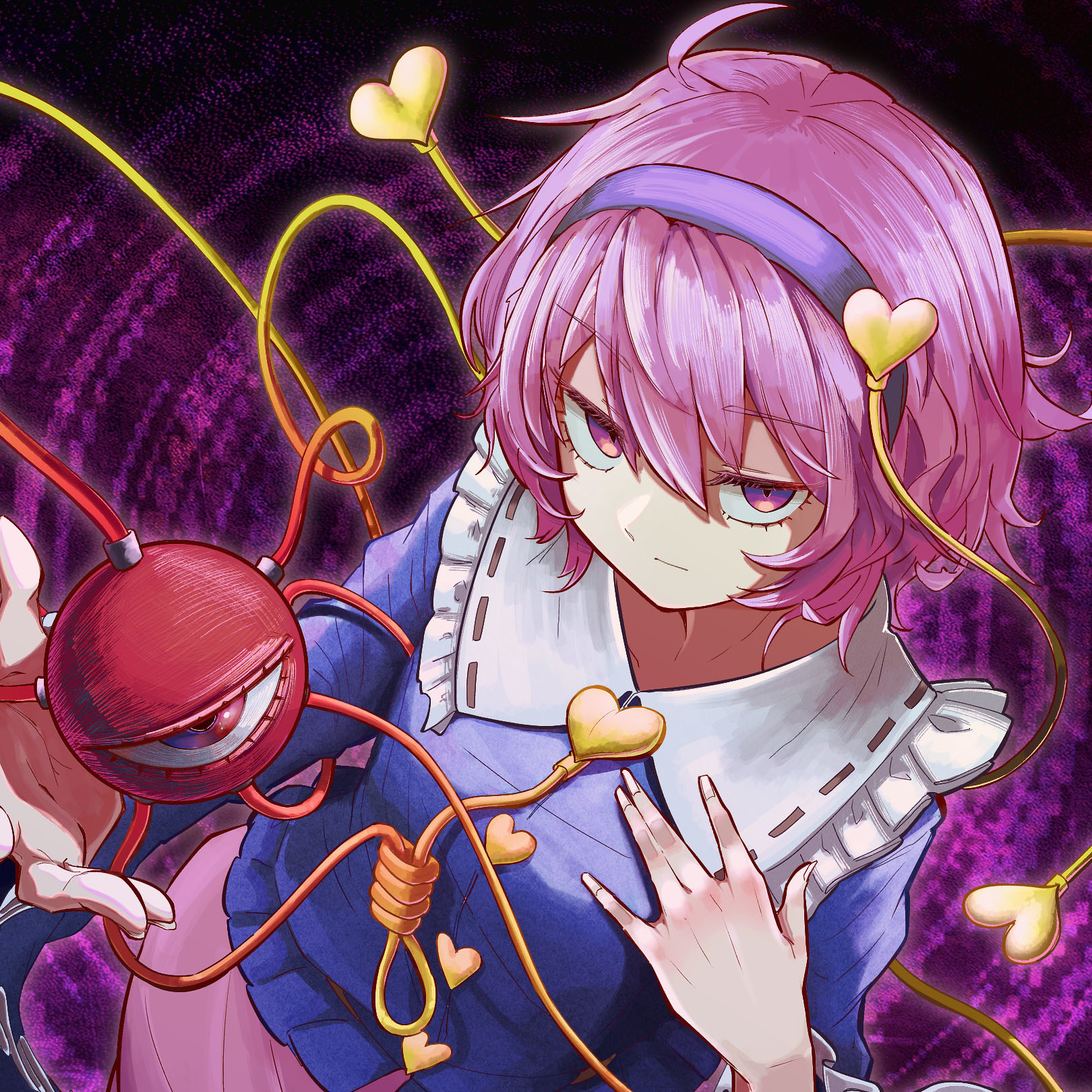 odoro (nicoseiga81184094), komeiji satori, touhou, commentary, highres, 1girl, :|, album cover, buttons, closed mouth, cover, frilled shirt collar, frills, from above, hair ornament, hairband, hands up, heart, heart button, heart hair ornament, long sleeves, looking at viewer, looking up, outstretched hand, pink hair, pink skirt, poltanest, purple background, purple eyes, purple hairband, purple shirt, shirt, short hair, skirt, solo, third eye