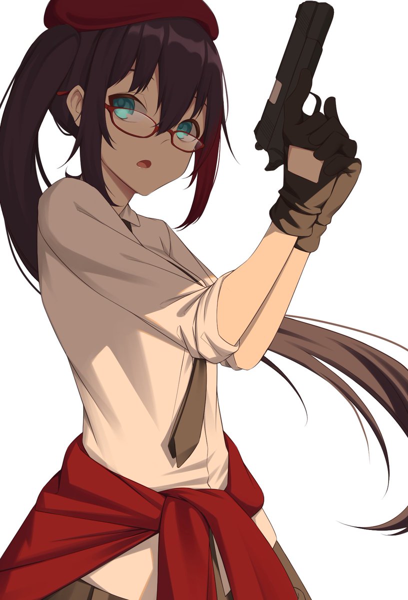 act (xadachit), female commander (girls' frontline), girls' frontline, commentary, commission, english commentary, highres, 1girl, beret, black gloves, black necktie, black skirt, blue eyes, brown hair, clothes around waist, collared shirt, cowboy shot, dress shirt, from side, glasses, gloves, gun, hair between eyes, handgun, hat, holding, holding gun, holding weapon, jacket, jacket around waist, long hair, long sleeves, looking at viewer, necktie, open mouth, pleated skirt, red-framed eyewear, red hat, red jacket, shade, shirt, side ponytail, sidelocks, simple background, skirt, solo, turning head, very long hair, weapon, white background, white shirt