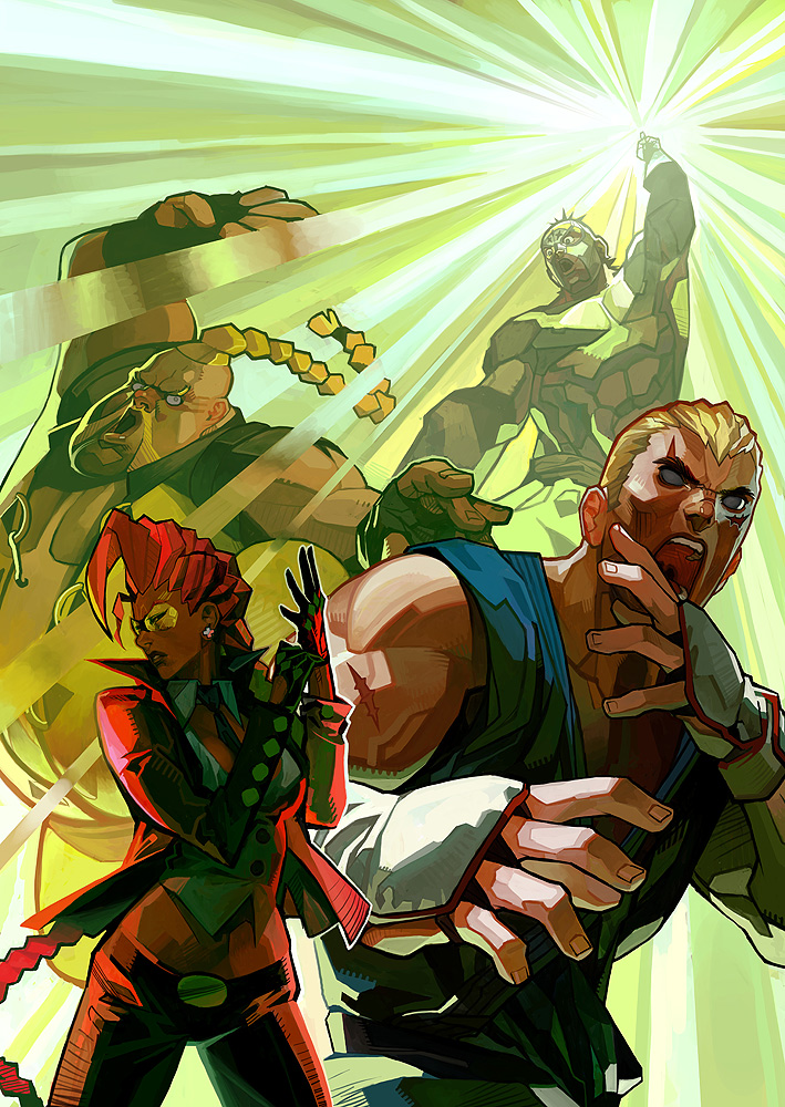 arnold tsang, udon entertainment, abel (street fighter), crimson viper, el fuerte, rufus (street fighter), capcom, street fighter, street fighter iv (series), 1girl, 3boys, american, dougi, empty eyes, fighting stance, fingerless gloves, french text, gloves, luchador, luchador mask, mask, mexico, multiple boys, muscular, pointing, pointing up, pompadour