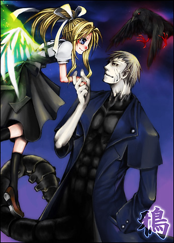 taijukaren, kamio misuzu, nrvnqsr chaos, air (visual novel), m.u.g.e.n, tsukihime, bad id, bad pixiv id, lowres, translated, 00s, bird, crossover, crow, wings