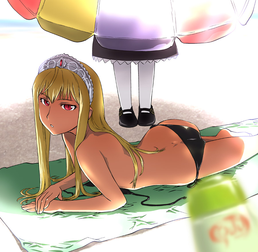 ueyama michirou, hime (kaibutsu oujo), kaibutsu oujo, untied, 00s, 2girls, ass, back, barefoot, bikini, bikini bottom only, blonde hair, butt crack, dimples of venus, long hair, lotion, lowleg, lowleg bikini, lying, multiple girls, on stomach, pantyhose, pov, red eyes, side-tie bikini bottom, solo focus, swimsuit, tiara, topless female, umbrella, white pantyhose