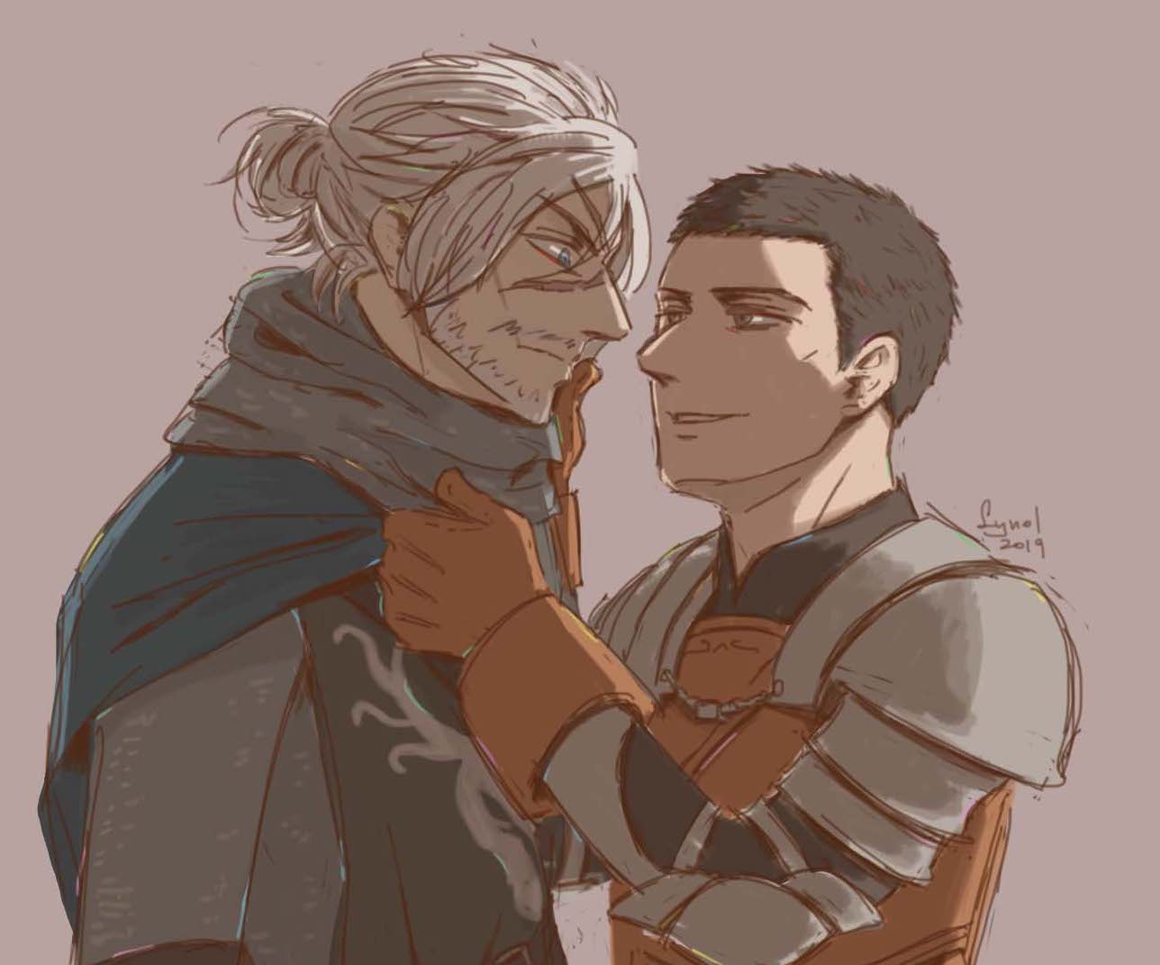 lynol, creighton of mirrah, mild mannered pate, dark souls (series), dark souls ii, commentary, 2019, 2boys, armor, black hair, black shirt, blue cape, blue eyes, brown gloves, brown vest, cape, closed mouth, gloves, grey background, grey eyes, grey hair, looking at another, male focus, multiple boys, no headwear, pauldrons, scar, scar on face, scar on nose, shirt, shoulder armor, smile, upper body, vest, yaoi