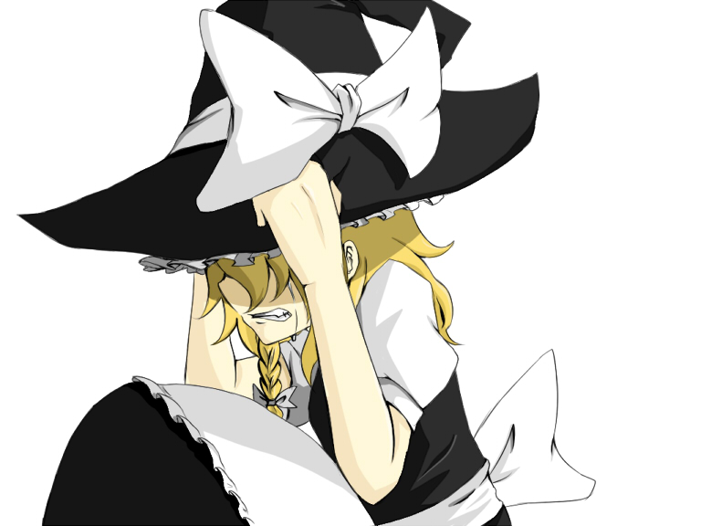 haruichi (komikal), haruichi (sazanami complex), kirisame marisa, touhou, 1girl, blonde hair, braid, clenched teeth, female focus, hand on headwear, hat, simple background, solo, tears, teeth, witch, witch hat
