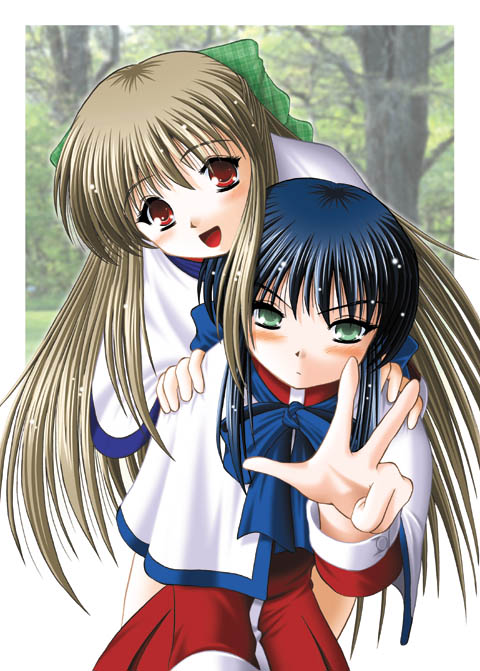 keito (keito-ya), kawasumi mai, kurata sayuri, kanon, key (company), archived source, commentary request, 2girls, :d, black mouth, blonde hair, blue bow, blue hair, blue ribbon, blush, border, bow, buttoned cuffs, buttons, capelet, closed mouth, cowboy shot, dated commentary, day, dress, expressionless, green bow, green eyes, hair bow, hands on another's shoulders, light particles, long sidelocks, looking at viewer, multiple girls, neck ribbon, open mouth, outdoors, photo background, plaid bow, pleated dress, red dress, red eyes, red sleeves, ribbon, school uniform, sidelocks, smile, straight hair, tongue, tree, turtleneck, turtleneck dress, v, v-shaped eyebrows, white border, white capelet