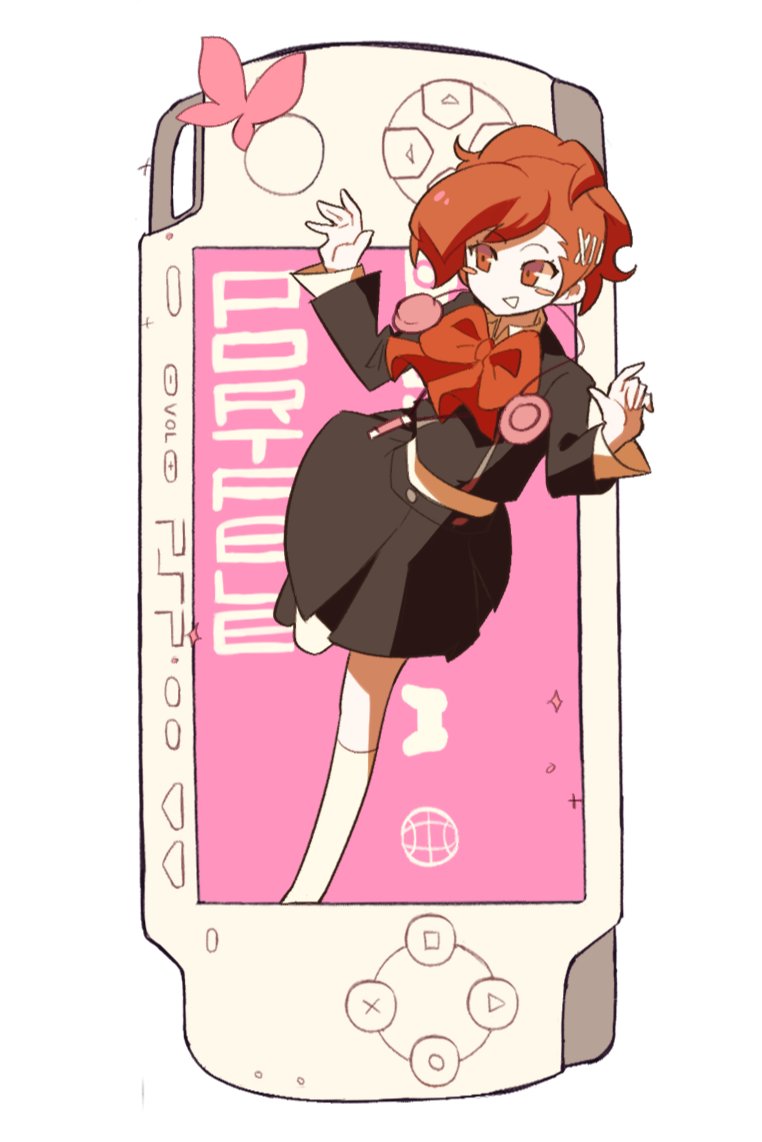 sasibowol, shiomi kotone, persona, persona 3, persona 3 portable, commentary request, korean commentary, 1girl, black skirt, blush, bow, bowtie, brown eyes, brown hair, bug, butterfly, digital media player, english text, full body, gekkoukan high school uniform, hair ornament, hairclip, handheld game console, headphones, headphones around neck, insect, kneehighs, long sleeves, looking at animal, open mouth, playstation portable, red bow, red bowtie, school uniform, short hair, simple background, skirt, smile, socks, solo, white background, white socks