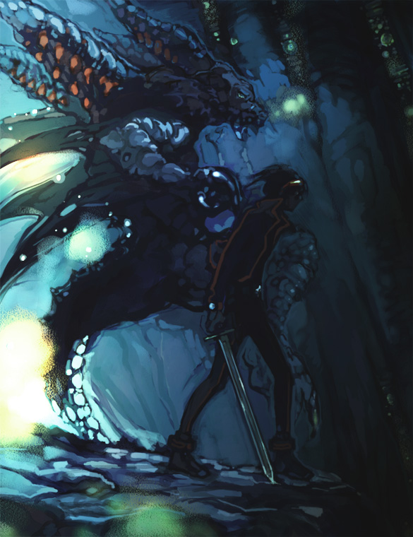 sanosen, ryu (breath of fire v), breath of fire, breath of fire v, dragon, male focus, monster, solo, sword, weapon