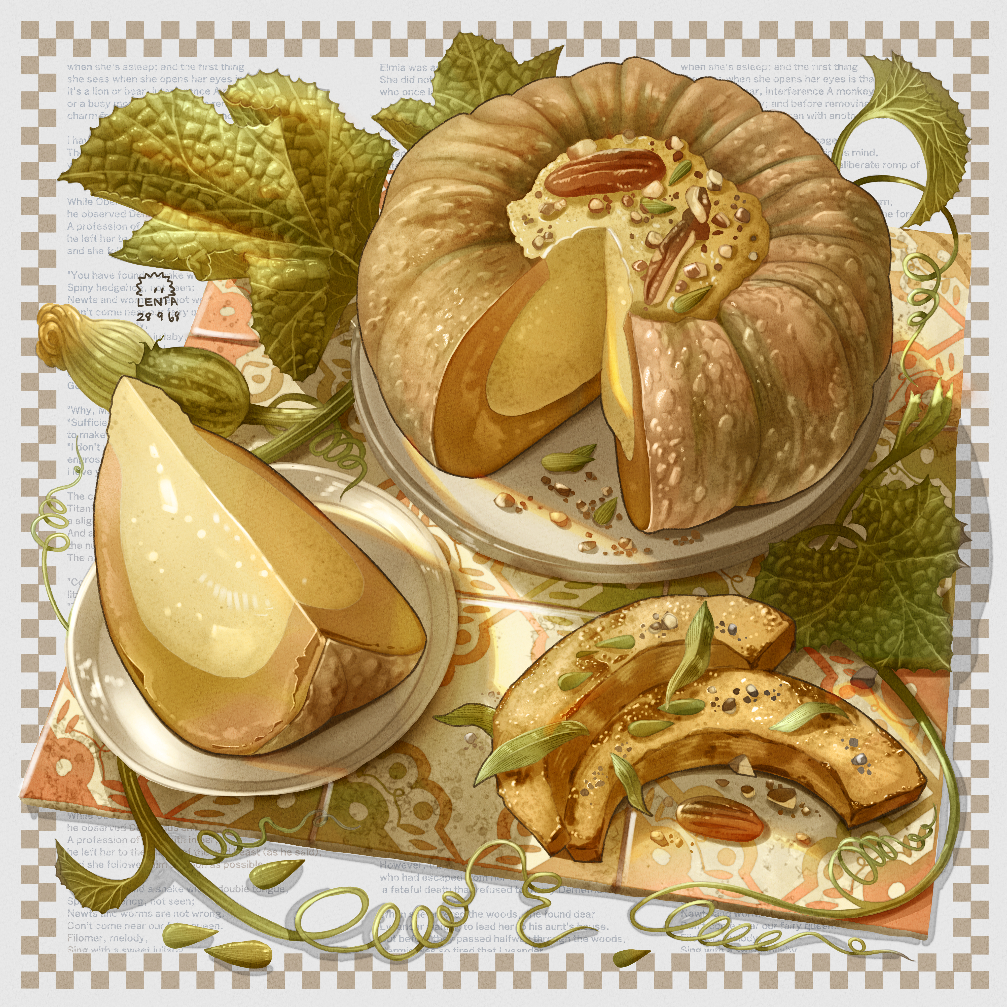 lenta, original, absurdres, highres, artist logo, artist name, custard, english text, food, food focus, logo, no humans, plate, pumpkin, pumpkin slice, seed, vegetable