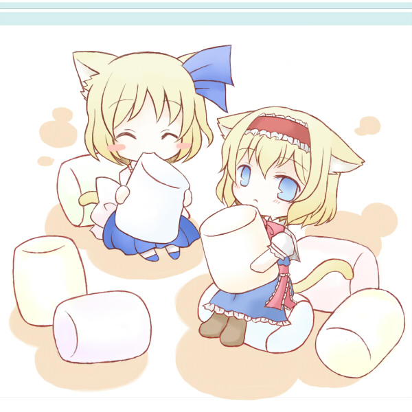 ico (engawa roman), ico (pixiv296601), alice margatroid, alice margatroid (pc-98), mystic square, touhou, touhou (pc-98), 2girls, ^ ^, animal ears, blush stickers, cat ears, cat girl, chibi, closed eyes, dual persona, eating, female focus, food, kemonomimi mode, marshmallow, multiple girls, time paradox
