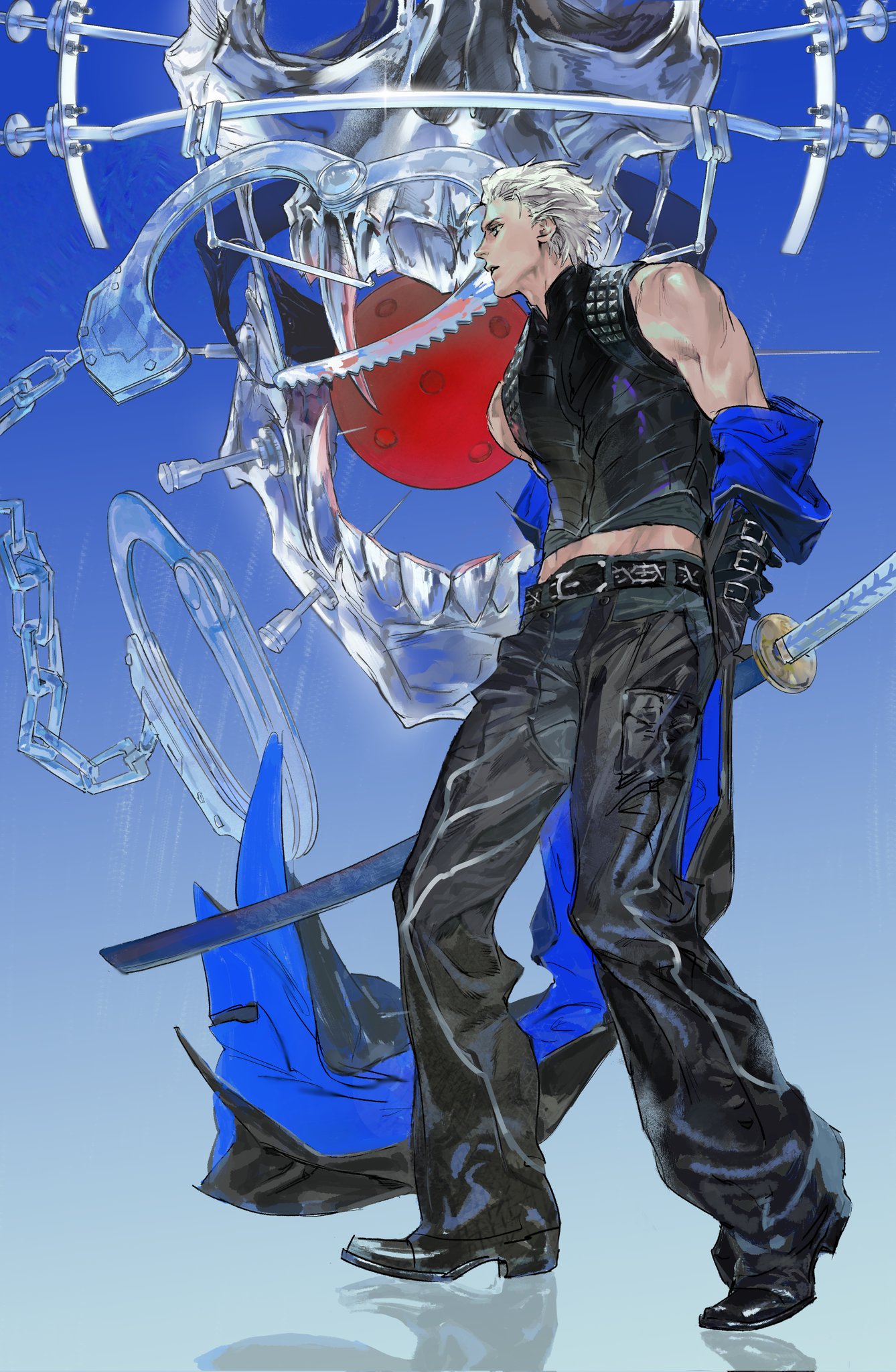 vergil (devil may cry), devil may cry (series), commentary, highres, symbol-only commentary, 1boy, belt, black coat, black pants, black shoes, blue background, blue eyes, coat, cropped shirt, cuffs, full body, gloves, gradient background, hair slicked back, handcuffs, katana, looking ahead, male focus, midriff, pants, reflective floor, removing coat, shoes, short hair, short sleeves, skull, sword, toned, toned male, weapon, white hair, yamato (sword)