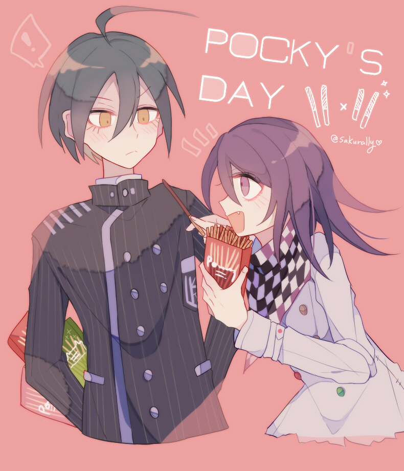 sakura (fein5862817), oma kokichi, saihara shuichi, danganronpa (series), danganronpa v3: killing harmony, commentary request, !, 2boys, aegyo sal, ahoge, arm belt, belt, black hair, black jacket, black scarf, breast pocket, buttons, checkered clothes, checkered scarf, collared jacket, crest, cropped torso, denim, double-breasted, english text, expressionless, fang, fingernails, food, frown, hair between eyes, happy, height difference, high collar, holding, holding behind back, holding food, holding pocky, jacket, jeans, light blush, long eyelashes, long sleeves, male focus, medium hair, multicolored buttons, multiple boys, notice lines, open mouth, pants, pink background, pinstripe jacket, pinstripe pattern, pocket, pocky, pointy nose, purple eyes, purple hair, scarf, simple background, smile, speech bubble, spoken exclamation mark, torn clothes, torn jeans, torn pants, twitter username, two-tone scarf, undershirt, white belt, white jacket, white scarf, wrist belt, yaoi, yellow eyes