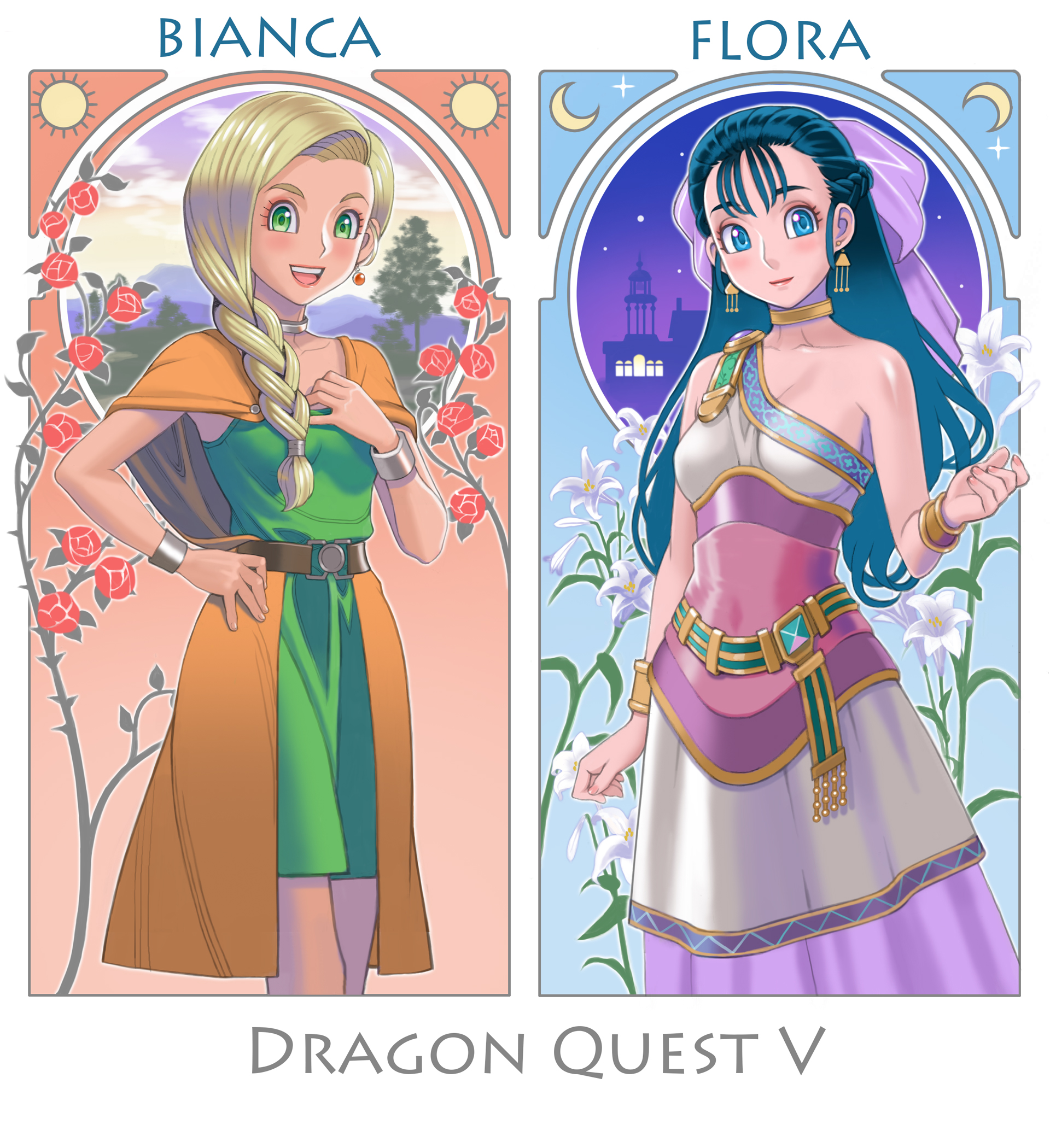 dahlia (wvya4344), bianca (dq5), flora (dq5), dragon quest, dragon quest v, commentary request, highres, 2girls, bare shoulders, belt, blonde hair, blue eyes, blue hair, blush, border, bow, bracelet, braid, breasts, building, cape, character name, closed mouth, cloud, cloudy sky, collarbone, copyright name, crescent moon, dress, earrings, feet out of frame, flower, green dress, green eyes, hair bow, hand on own hip, jewelry, large bow, long hair, looking at viewer, moon, mountainous horizon, multiple girls, neck ring, night, night sky, open mouth, orange cape, outside border, pink bow, red flower, red rose, rose, single braid, sky, star (sky), starry sky, sun, sunrise, thorns, tree, white border, white dress, white flower