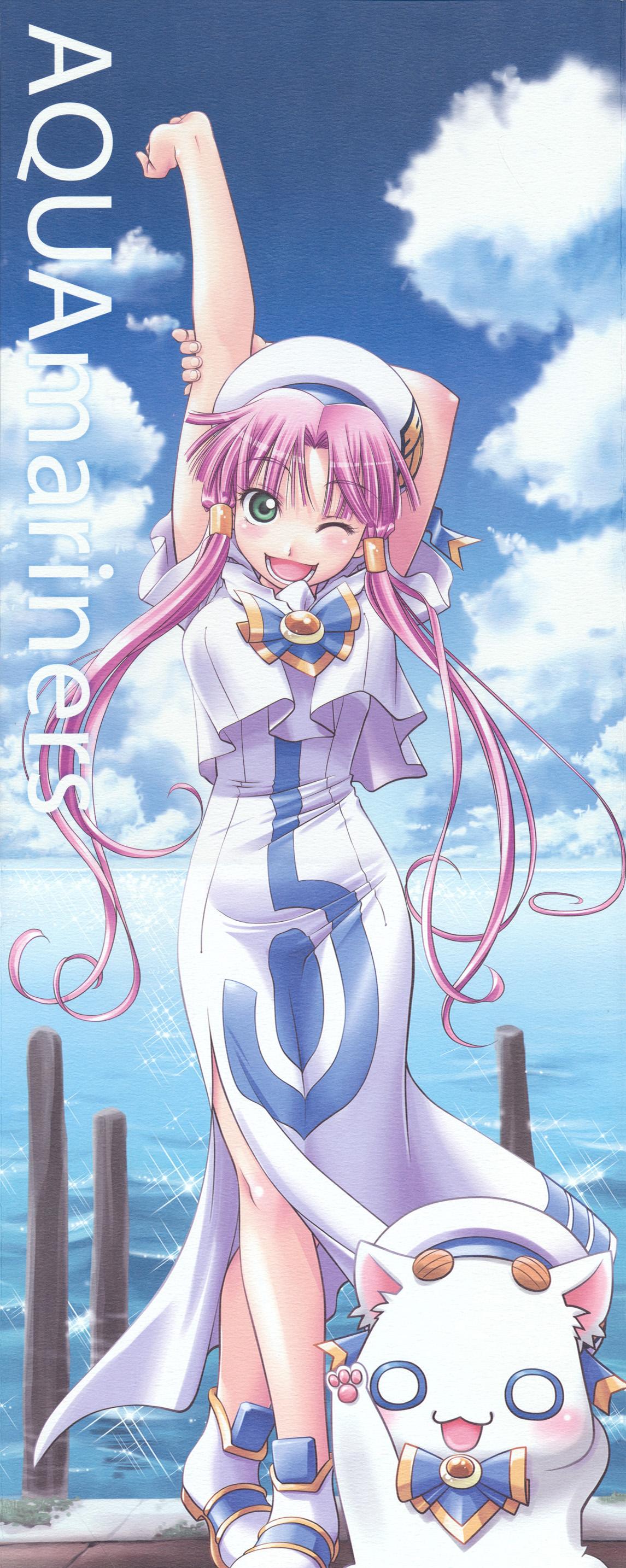 shinozaki akira, aria pokoteng, mizunashi akari, aria (manga), absurdres, highres, scan, 00s, 1girl, :3, :d, arm up, arms behind head, beret, blouse, cat, cloud, day, female focus, green eyes, hat, o o, ocean, one eye closed, open mouth, pink hair, shirt, short hair with long locks, smile, solo, standing, stretching, text focus, white shirt