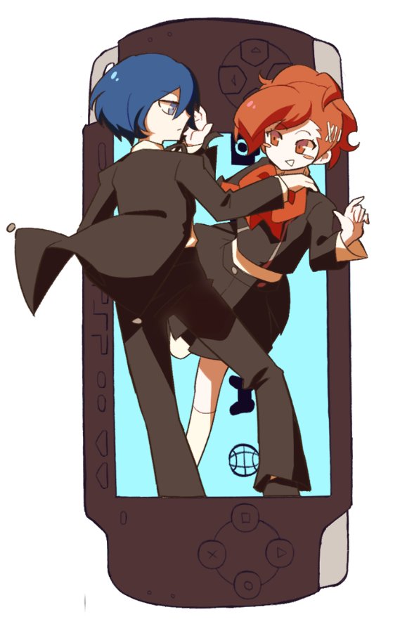 sasibowol, shiomi kotone, yuuki makoto (persona 3), persona, persona 3, persona 3 portable, commentary request, korean commentary, 1boy, 1girl, black jacket, black pants, black skirt, blue eyes, blue hair, blush, bow, bowtie, brown eyes, brown hair, closed mouth, english text, from behind, full body, gekkoukan high school uniform, hair ornament, hairclip, half-closed eyes, hand on another's shoulder, handheld game console, jacket, kneehighs, long sleeves, looking at another, open mouth, pants, playstation portable, red bow, red bowtie, school uniform, short hair, simple background, skirt, smile, socks, solo, standing, white background, white socks