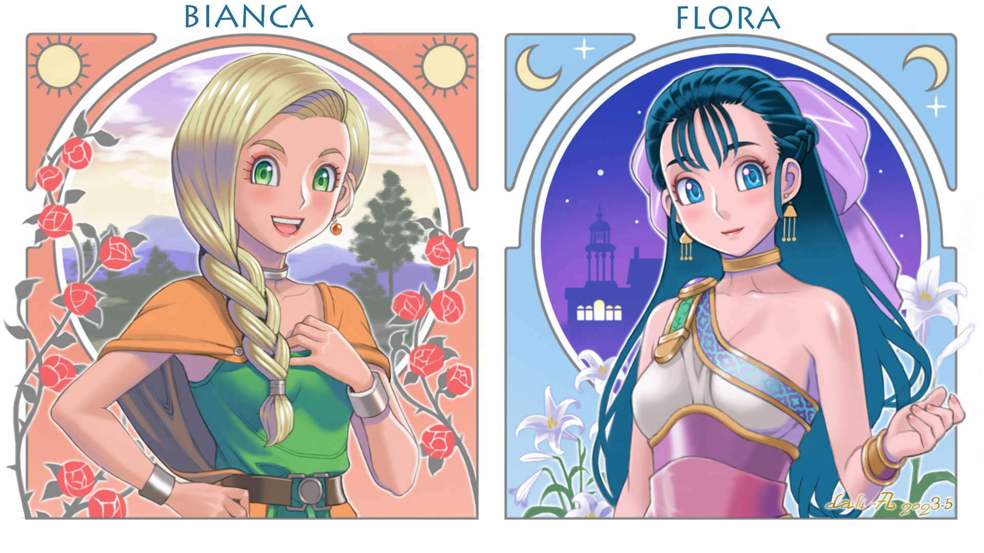 dahlia (wvya4344), bianca (dq5), flora (dq5), dragon quest, dragon quest v, commentary request, highres, 2girls, bare shoulders, belt, blonde hair, blue eyes, blue hair, blush, border, bow, bracelet, braid, breasts, building, cape, character name, closed mouth, cloud, cloudy sky, collarbone, crescent moon, dress, earrings, flower, green dress, green eyes, hair bow, hand on own hip, jewelry, large bow, long hair, looking at viewer, moon, mountainous horizon, multiple girls, neck ring, night, night sky, open mouth, orange cape, outside border, pink bow, red flower, red rose, rose, single braid, sky, star (sky), starry sky, sun, sunrise, thorns, tree, upper body, white border, white dress, white flower