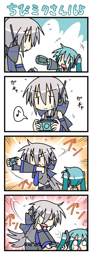 minami (colorful palette), chibi miku, hatsune miku, yowane haku, vocaloid, long image, tall image, 2girls, 4koma, :<, angry, aqua hair, chibi, comic, handheld game console, multiple girls, musical note, no eyes, o o, playing games, playstation portable, quaver, running, scared, silent comic, speech bubble, sweat, sweatdrop, triangle mouth, video game, | |