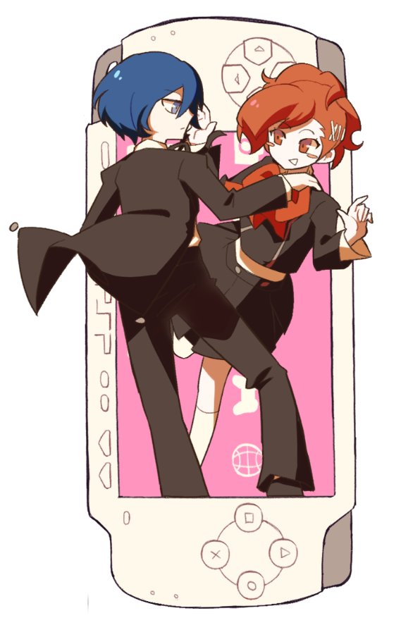 sasibowol, shiomi kotone, yuuki makoto (persona 3), persona, persona 3, persona 3 portable, commentary request, korean commentary, 1boy, 1girl, black jacket, black pants, black skirt, blue eyes, blue hair, blush, bow, bowtie, brown eyes, brown hair, closed mouth, english text, from behind, full body, gekkoukan high school uniform, hair ornament, hairclip, half-closed eyes, hand on another's shoulder, handheld game console, jacket, kneehighs, long sleeves, looking at another, open mouth, pants, playstation portable, red bow, red bowtie, school uniform, short hair, simple background, skirt, smile, socks, solo, standing, white background, white socks