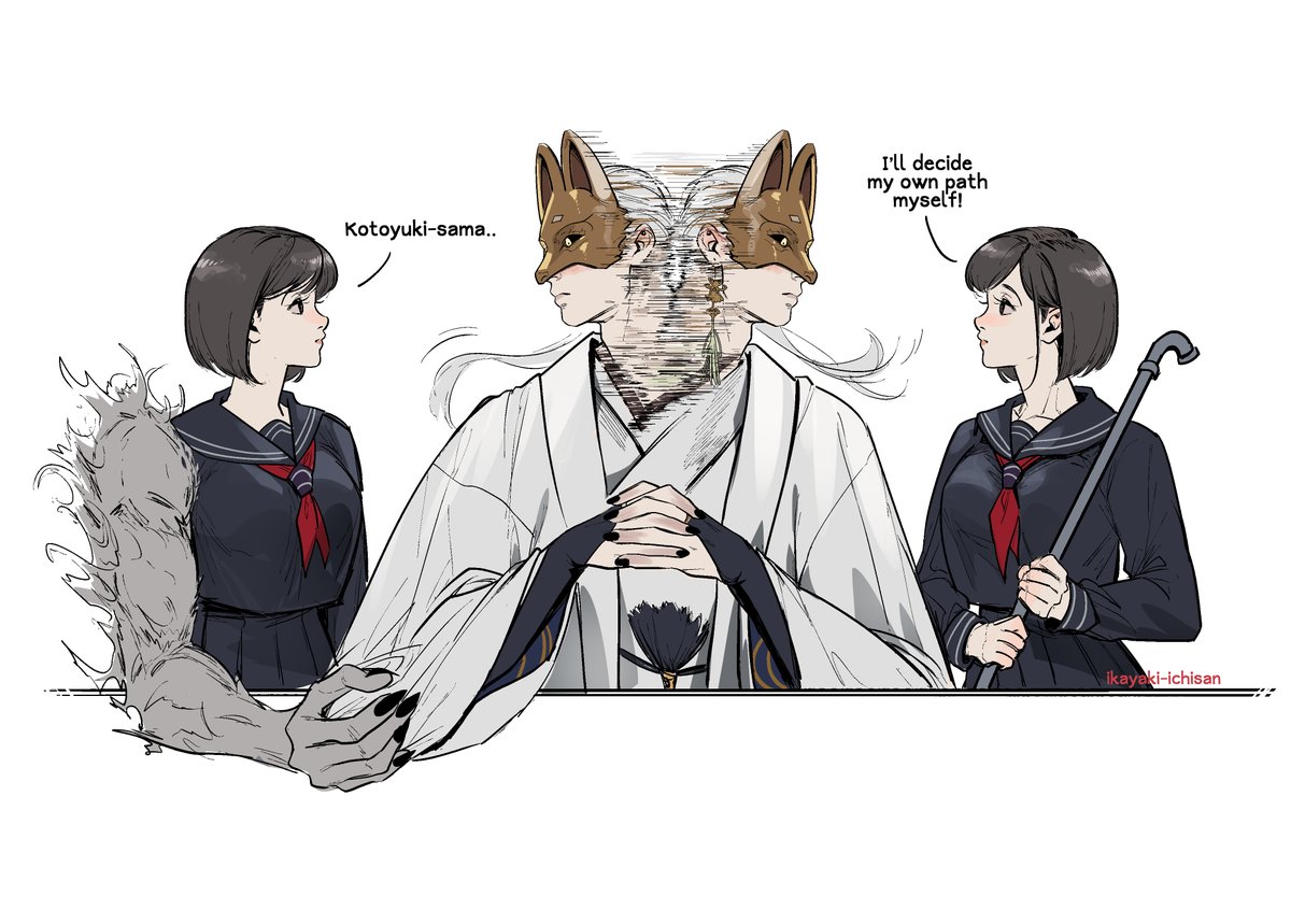 ichisan, fox mask (silent hill), shimizu hinako, silent hill (series), silent hill f, 1boy, 2girls, black hair, black sailor collar, black sclera, black serafuku, colored sclera, earrings, fox mask, holding, holding lead pipe, jewelry, lead pipe, mask, multiple girls, neckerchief, red neckerchief, robe, sailor collar, school uniform, serafuku, tassel, tassel earrings, white hair
