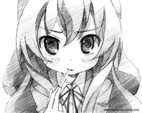 gofu, aisaka taiga, toradora!, traditional media, 00s, blush, chopsticks, greyscale, monochrome, school uniform, sketch, solo