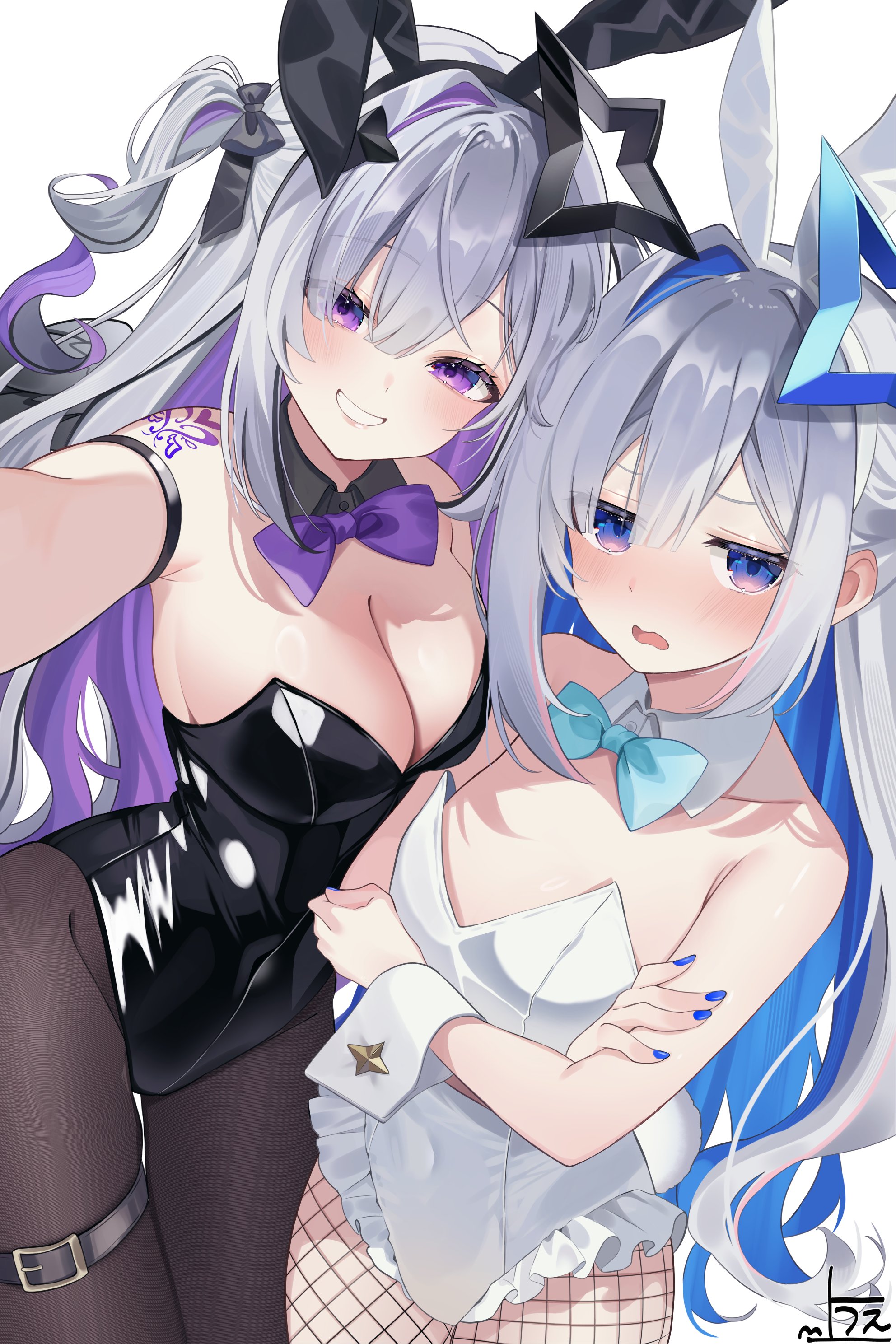 uekana9, amane kanata, amane konata, hololive, absurdres, commentary request, highres, 2girls, animal ear hairband, animal ears, arm strap, bare shoulders, belt, black hair, black halo, black leotard, black pantyhose, black ribbon, blue bow, blue bowtie, blue hair, blue halo, blue nails, blush, bow, bowtie, breasts, cleavage, colored inner hair, covered navel, crossed arms, detached collar, fake animal ears, fake tail, fishnet pantyhose, fishnets, flat chest, frilled leotard, frills, grey hair, grin, hair ribbon, hairband, halo, heart, heart tattoo, highleg, highleg leotard, large breasts, leotard, long hair, looking at viewer, multicolored hair, multiple girls, nail polish, open mouth, pantyhose, pink hair, playboy bunny, purple bow, purple bowtie, purple eyes, purple hair, rabbit ear hairband, rabbit ears, rabbit tail, reaching, reaching towards viewer, ribbon, shoulder tattoo, simple background, single hair intake, smile, star halo, strapless, strapless leotard, streaked hair, tail, tattoo, thigh belt, thigh strap, traditional bowtie, two side up, very long hair, virtual youtuber, wavy mouth, white background, white wrist cuffs, wrist cuffs