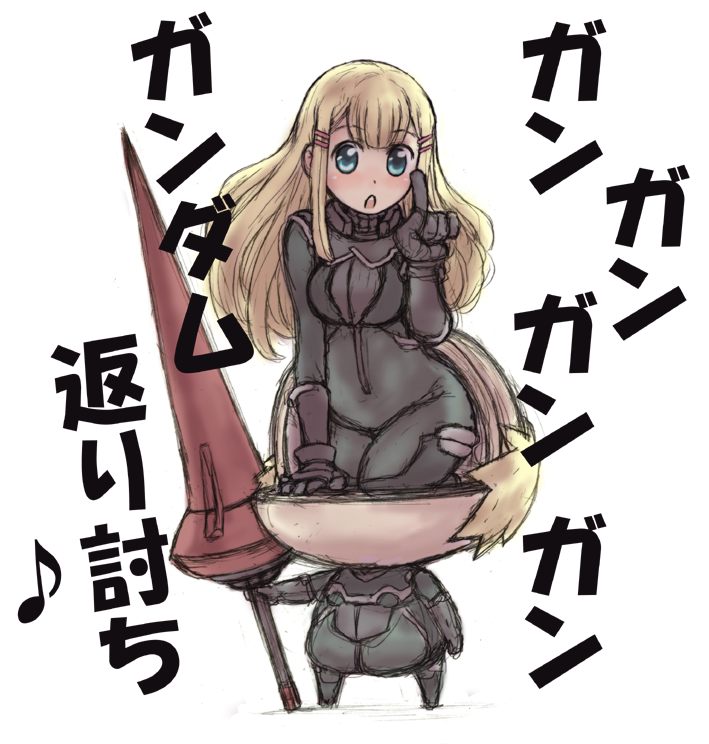 aizawa yoshihiko, louise halevy, gundam, gundam 00, kemeko deluxe, translation request, 00s, 1girl, comic, crossover, ears visible through hair, musical note, parody, quaver, thighhighs, white background