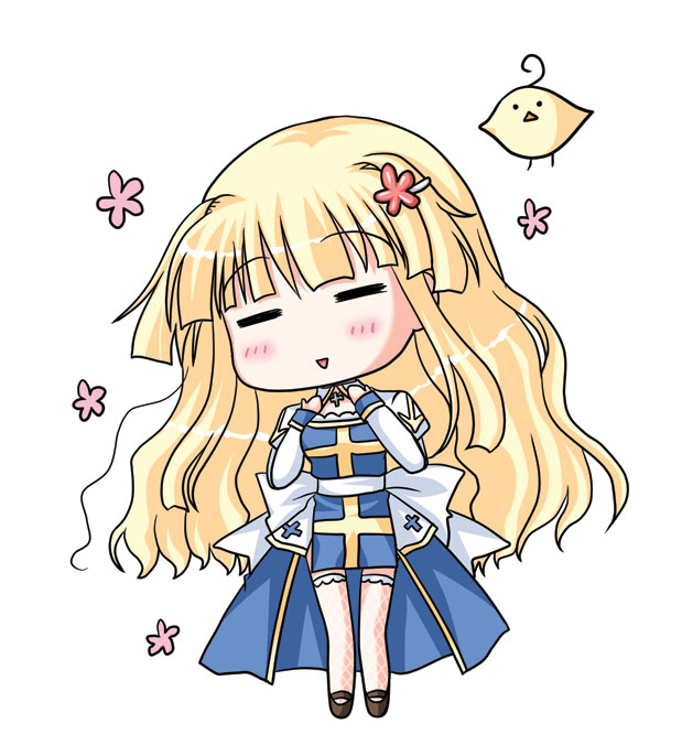 furukawa lemon, arch bishop (ragnarok online), ragnarok online, 1girl, baby animal, bird, blonde hair, blush, bug, chibi, chick, chicken, curly hair, female focus, flower, fly, insect, long hair, solo