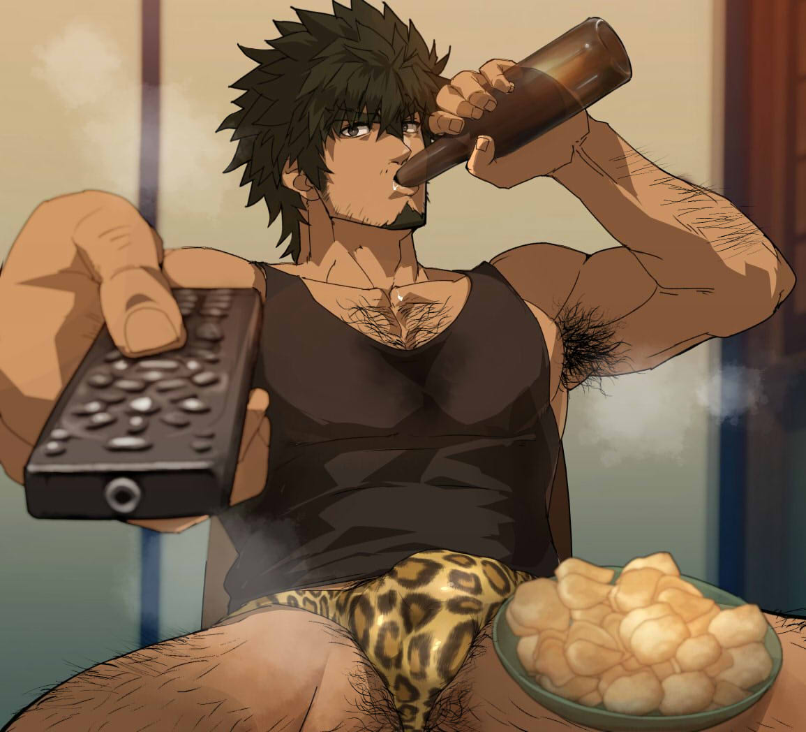 shunta (syunta 87), indie virtual youtuber, second-party source, 1boy, animal print, arm hair, armpit hair, bara, beer bottle, black eyes, black hair, black tank top, bottle, bowl, briefs, bulge, chest hair, chips (food), collarbone, collared shirt, controller, dark-skinned male, dark skin, drinking, facial hair, food, foreshortening, game controller, goatee, hair between eyes, holding, holding bottle, indoors, leg hair, leopard print, looking at viewer, male focus, male underwear, man watching tv (meme), meme, muscular, muscular male, potato chips, shirt, short hair, sitting, solo, steaming body, sweat stain, tank top, thick eyebrows, tsukaji osamu, underwear, wii remote