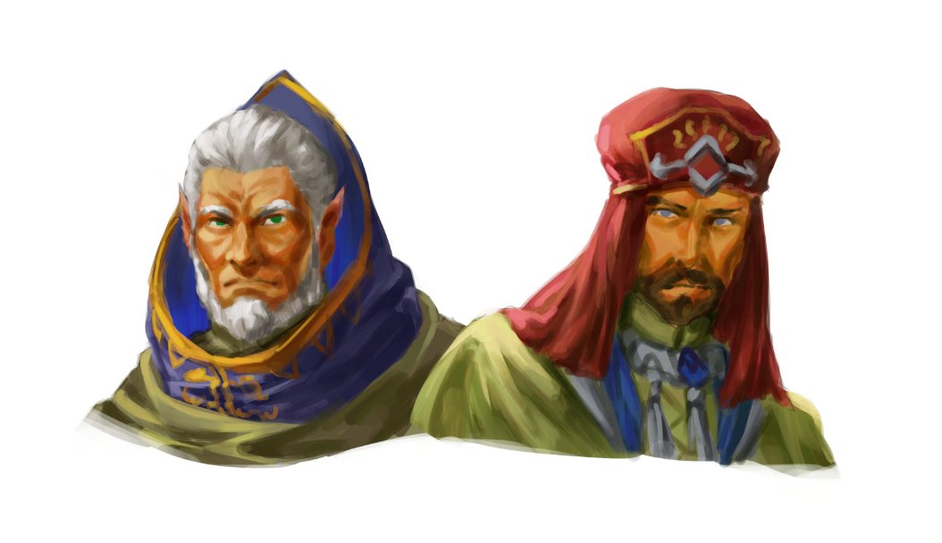 gotoh (fire emblem), medeus, fire emblem, fire emblem: mystery of the emblem, fire emblem heroes, nintendo, commentary, english commentary, 2boys, beard, connected beard, cropped shoulders, facial hair, green eyes, kimmy (sfinanceintern), looking at viewer, male focus, medeus (last earth dragon), multiple boys, old, old man, pointy ears, short hair, white background, white hair