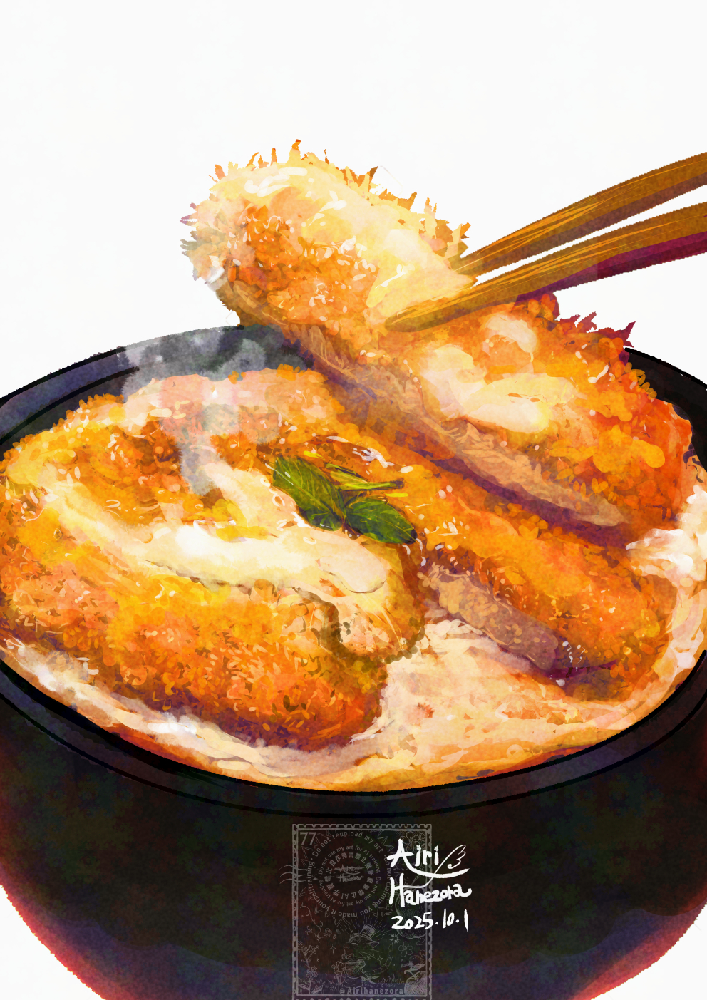 airihanezora, original, highres, artist name, bowl, chopsticks, cutlet, food, food focus, katsu (food), no humans, simple background, steaming food, watermark, white background