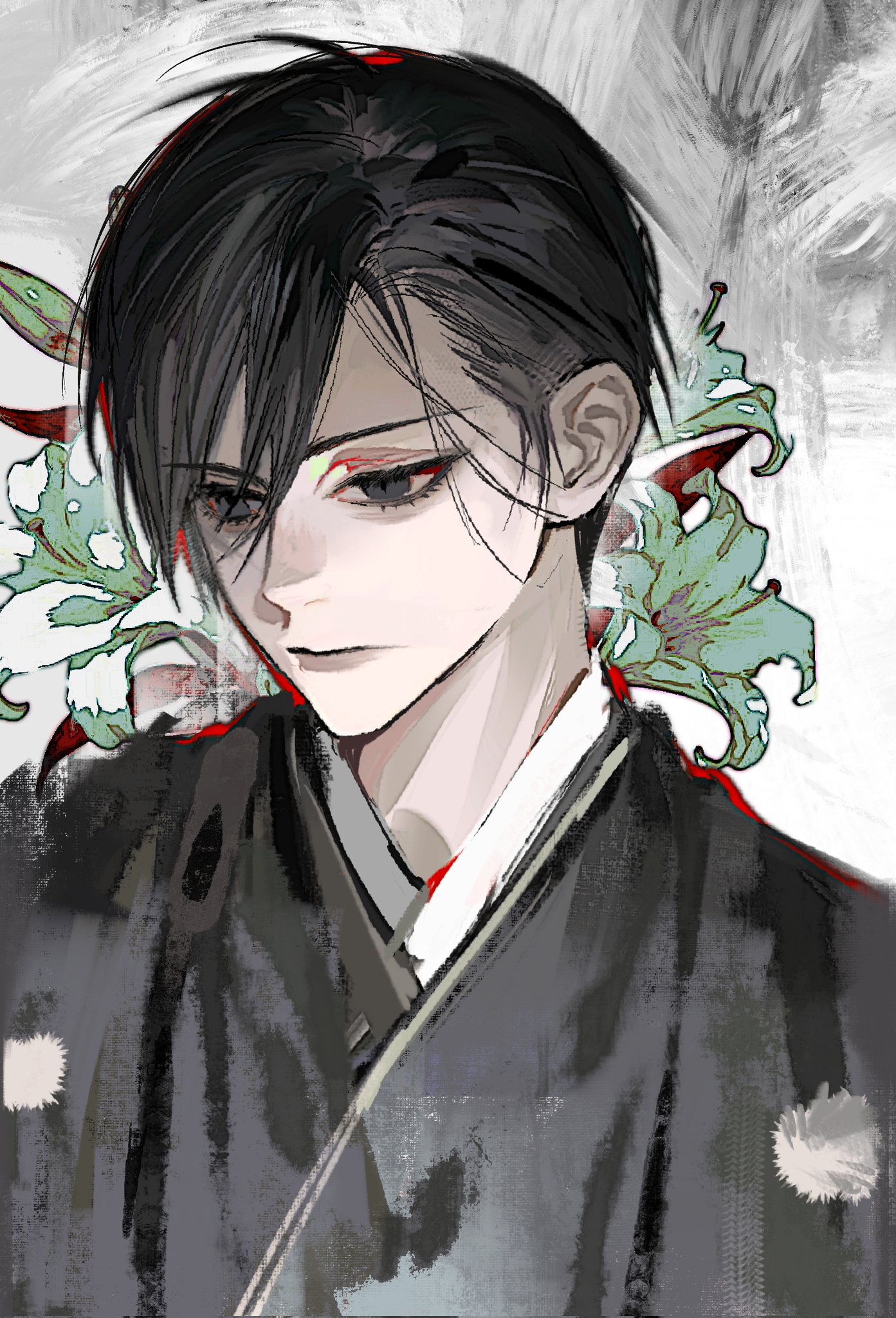 fox mask (silent hill), silent hill (series), silent hill f, highres, 1boy, avandee11949, black eyes, black hair, black kimono, black robe, flower, japanese clothes, kimono, male focus, robe, solo, upper body