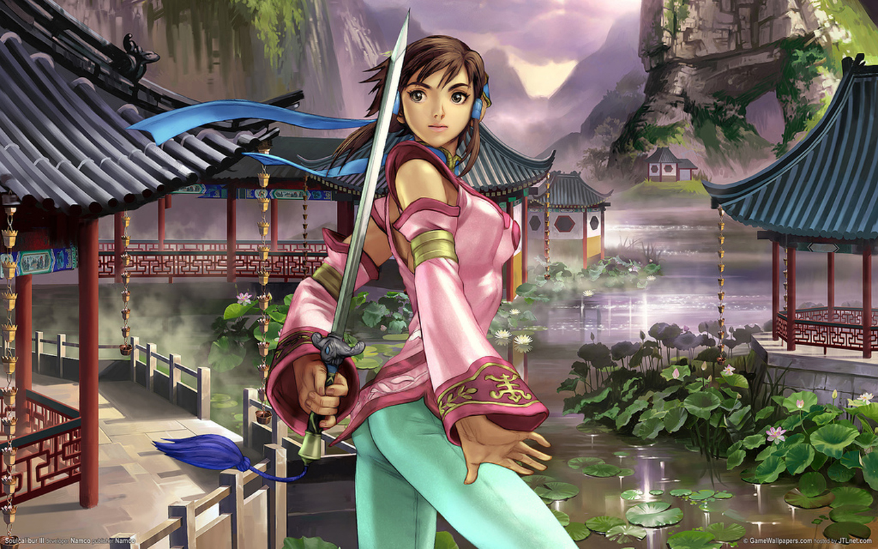 chai xianghua, soul calibur, soulcalibur, soulcalibur iii, 1girl, architecture, brown eyes, brown hair, east asian architecture, female focus, jian (weapon), lily pad, lips, mountain, solo, sword, weapon