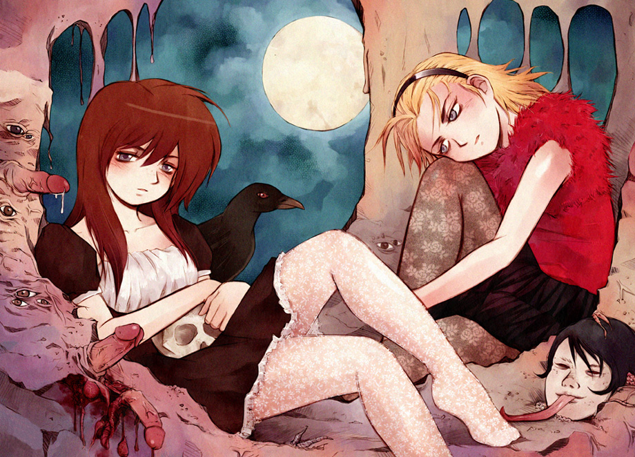 messiah cage, messiah, fur, 2girls, artistic error, barefoot, bird, black hair, blonde hair, blue eyes, brown hair, cave, crow, death, dress, feet, flower, frown, full moon, guro, horror (theme), lace, long hair, moon, multiple girls, night, pantyhose, patterned legwear, penis, red eyes, severed head, short hair, sitting, skirt, skull, sky, surreal, tongue, uncensored