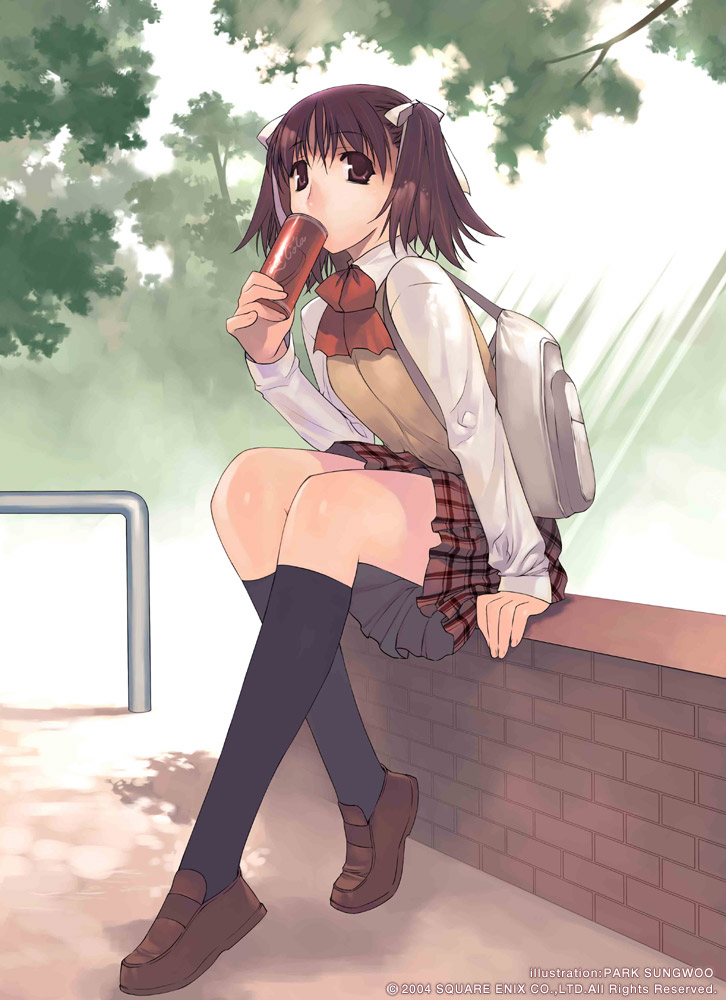 park sung woo, backpack, bag, brown eyes, brown hair, can, drink can, kneehighs, randoseru, school uniform, socks, soda, soda can, solo, twintails