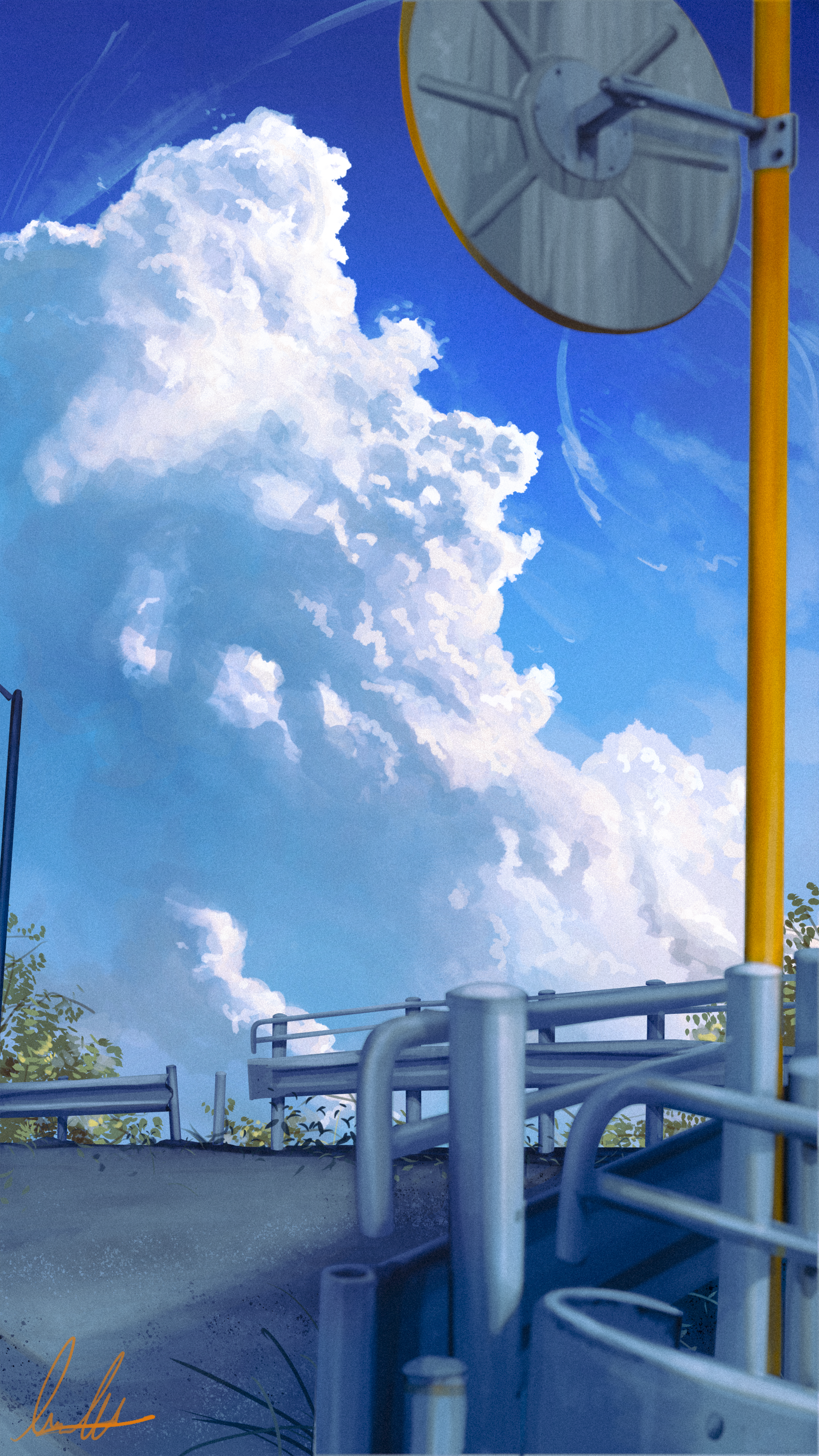banishment, original, absurdres, commentary request, highres, making-of available, blue sky, cloud, cloudy sky, cumulonimbus cloud, day, guard rail, no humans, outdoors, road, scenery, signature, sky, traffic mirror