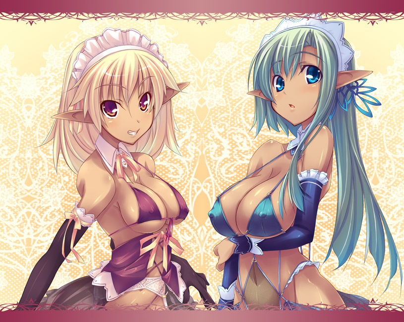 shimakaze (soundz of bell), original, 2girls, bikini, bikini top only, blonde hair, blue eyes, breasts, covered erect nipples, dark-skinned female, dark elf, dark skin, detached sleeves, elf, green hair, long hair, multiple girls, out-of-frame censoring, pointy ears, swimsuit