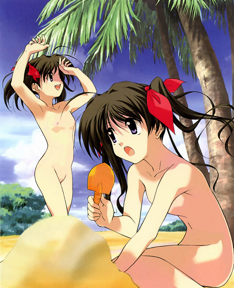 sasaki mutsumi, hinagiku lala, hinagiku lulu, futakoi, nude filter, third-party edit, 00s, 2girls, :d, :o, ahoge, armpits, arms up, beach, black hair, blue eyes, blurry, breasts, cloud, day, depth of field, flat chest, from side, hair intakes, hair ribbon, happy, holding, leaning forward, loli, long hair, looking to the side, multiple girls, navel, nipples, nude, nudist, on ground, open hands, open mouth, outdoors, palm tree, public indecency, pussy, red ribbon, ribbon, sand, shovel, siblings, sisters, sitting, sky, small breasts, smile, standing, tree, twins, twintails, worktool