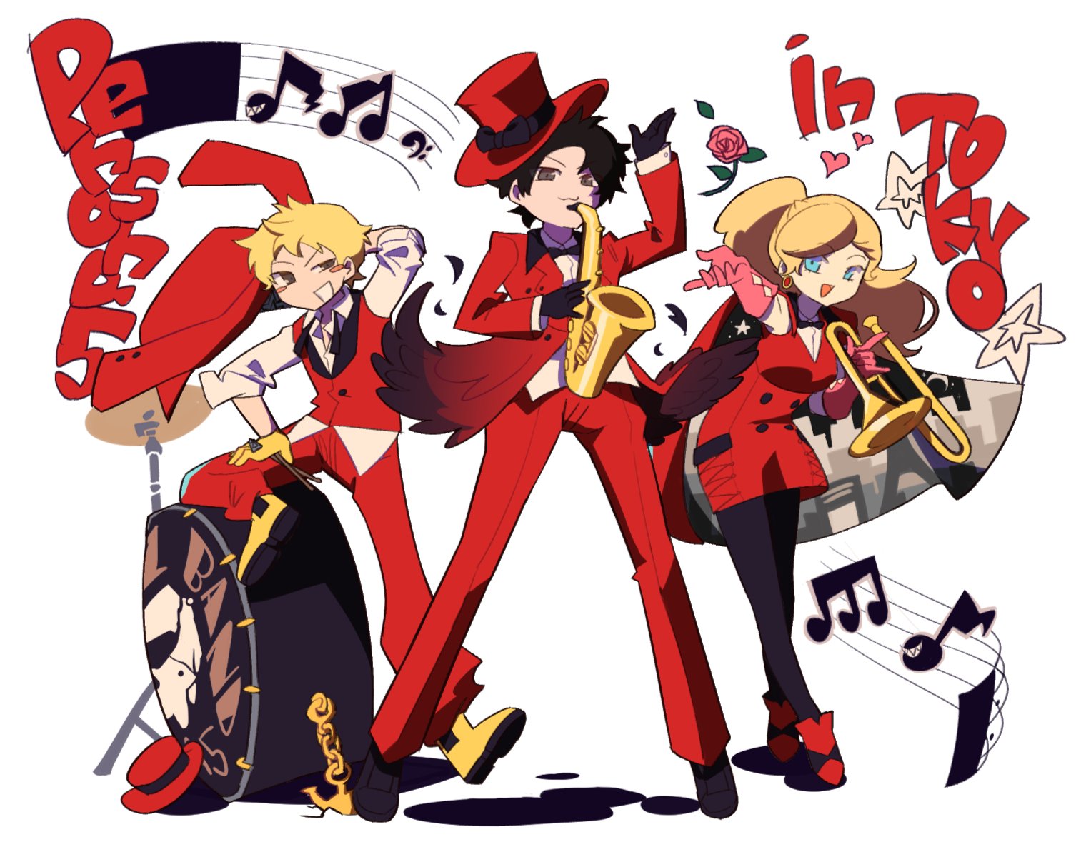 sasibowol, amamiya ren, sakamoto ryuuji, takamaki anne, persona, persona 5, hashtag-only commentary, 1girl, 2boys, band (music), black hair, blonde hair, blue eyes, blush, closed mouth, copyright name, drum, drum set, drumsticks, english text, flower, full body, gloves, grey eyes, hat, heart, holding, holding drumsticks, holding instrument, holding jacket, holding saxophone, holding trombone, holding unworn clothes, instrument, jacket, long hair, long sleeves, looking at viewer, multiple boys, musical note, open mouth, pants, pink gloves, red hat, red jacket, red pants, red vest, rose, saxophone, shirt, short hair, simple background, smile, standing, trombone, twintails, unworn jacket, vest, white background, white shirt
