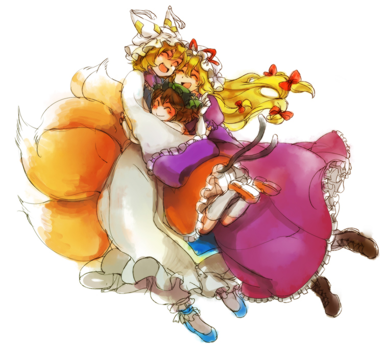 yukizen, chen, yakumo ran, yakumo yukari, touhou, bad id, bad pixiv id, 3girls, animal ears, animal hat, blonde hair, blush, brown hair, cat ears, cat girl, cat tail, closed eyes, female focus, fox tail, group hug, happy, hat, hug, long hair, long sleeves, mob cap, multiple girls, ribbon, shoes, short hair, socks, tail, tassel, white background, wide sleeves