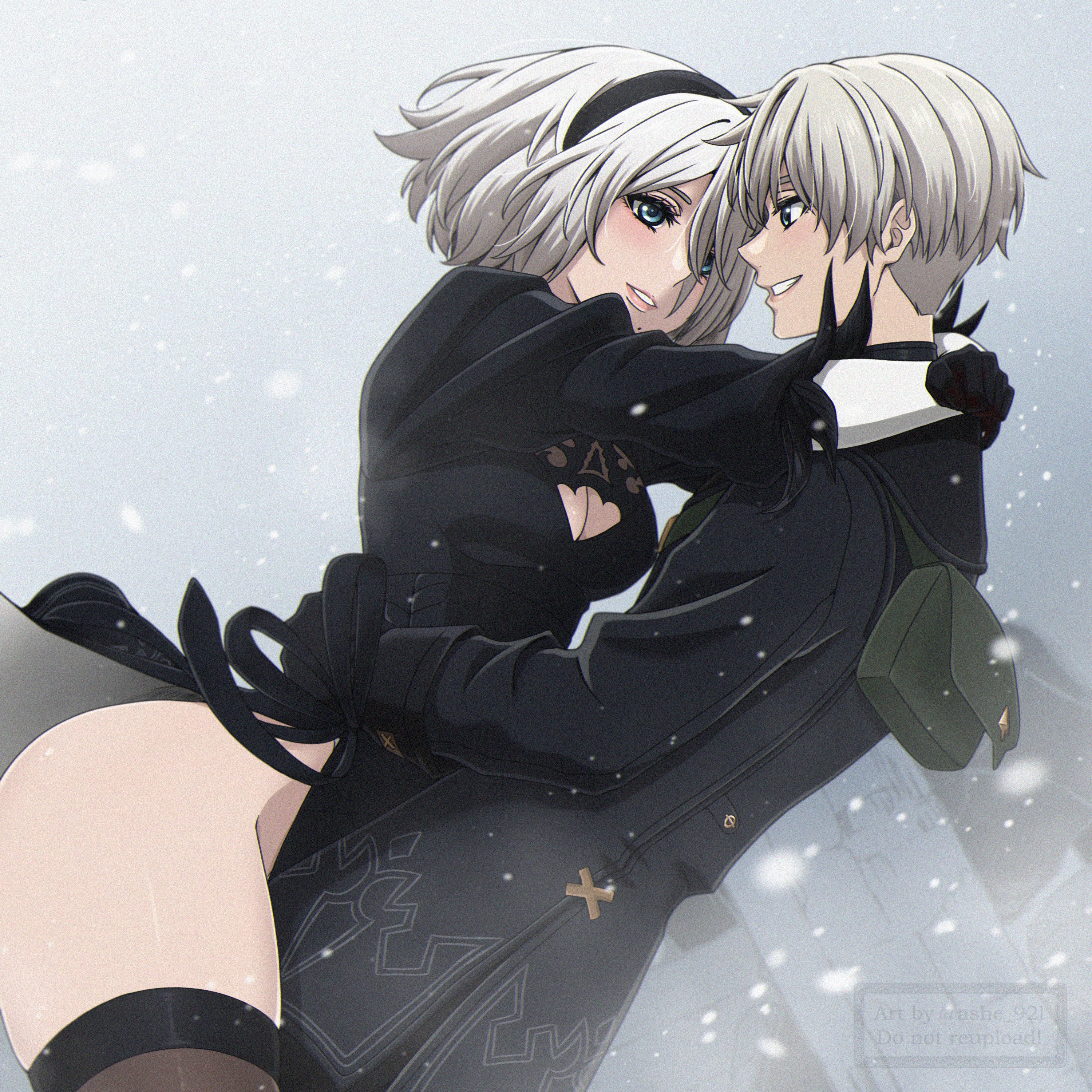 shirl geem, 2b (nier:automata), 9s (nier:automata), nier:automata, nier (series), absurdres, highres, 1boy, 1girl, arms around neck, arms around waist, ass, black dress, black gloves, black hairband, black jacket, black thighhighs, blue eyes, blush, breasts, cleavage, cleavage cutout, clothing cutout, cowboy shot, dress, from side, gloves, gradient background, grey hair, hair between eyes, hairband, hug, jacket, lips, long sleeves, looking at another, medium breasts, parted lips, puffy sleeves, short hair, side slit, smile, thighhighs, thighs