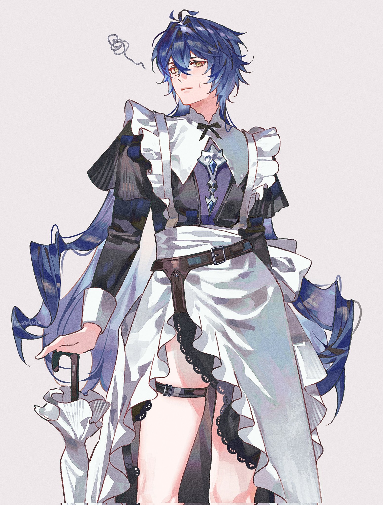 flins (genshin impact), genshin impact, commentary, corrupted twitter file, english commentary, highres, 1boy, alternate costume, antenna hair, apron, artist name, black dress, blue gemstone, blue hair, closed mouth, closed umbrella, crossdressing, crossdressing (mtf), crossed bangs, dress, enmaided, expressionless, frilled apron, frills, gem, gradient hair, grey background, hair between eyes, hair intakes, holding, holding umbrella, horionline, lace, lace-trimmed dress, lace trim, long hair, long sleeves, looking at viewer, maid, maid apron, male focus, male maid, multicolored hair, side slit, signature, simple background, sleeve cuffs, solo, squiggle, standing, sweatdrop, thigh strap, umbrella, very long hair, white apron, white umbrella, yellow eyes