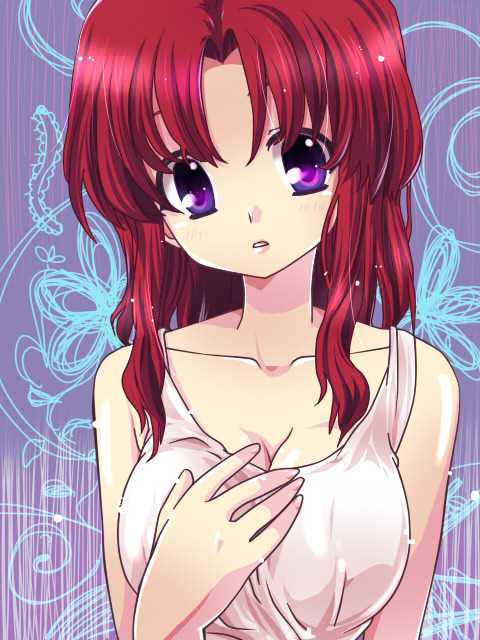 pokenaka, flay allster, gundam, gundam seed, 00s, purple eyes, red hair, solo, tank top