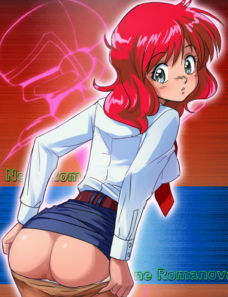 haruyama kazunori, nene romanova, bubblegum crisis, 1girl, aqua eyes, ass, clothes pull, dressing, female focus, necktie, panties, panty pull, pantyhose, pantyhose pull, red hair, solo, underwear