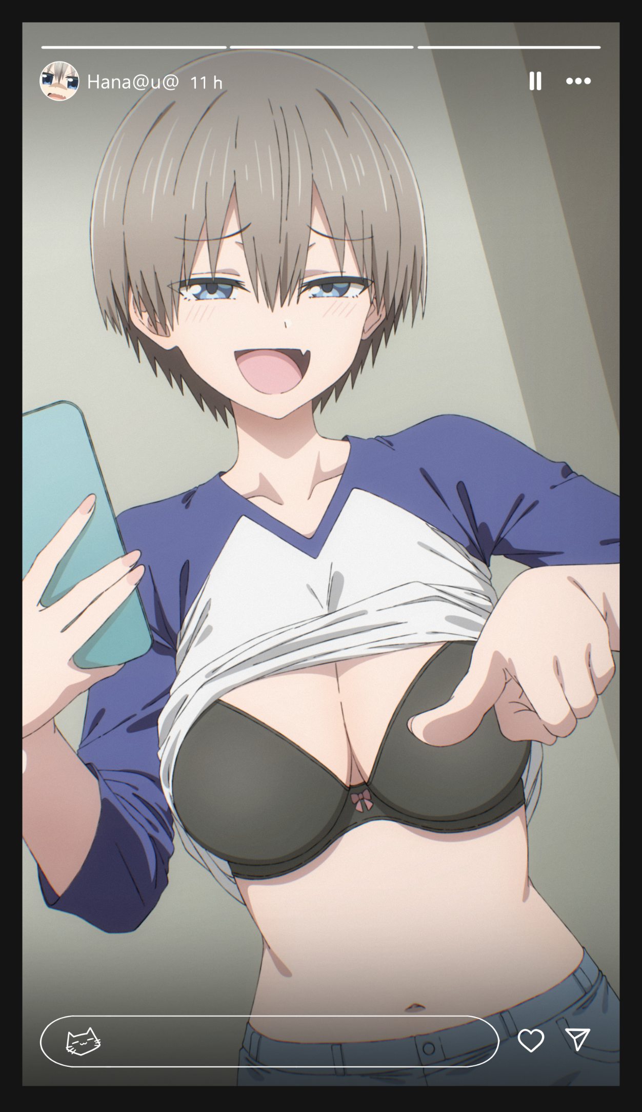 keihh, uzaki hana, uzaki-chan wa asobitai!, social network, highres, 1girl, :d, black bra, blue eyes, bra, breasts, cleavage, clothes lift, fake phone screenshot, fake screenshot, fang, grey hair, large breasts, looking at viewer, open mouth, pointing, pointing at viewer, selfie, shirt lift, short hair, smile, solo, underwear