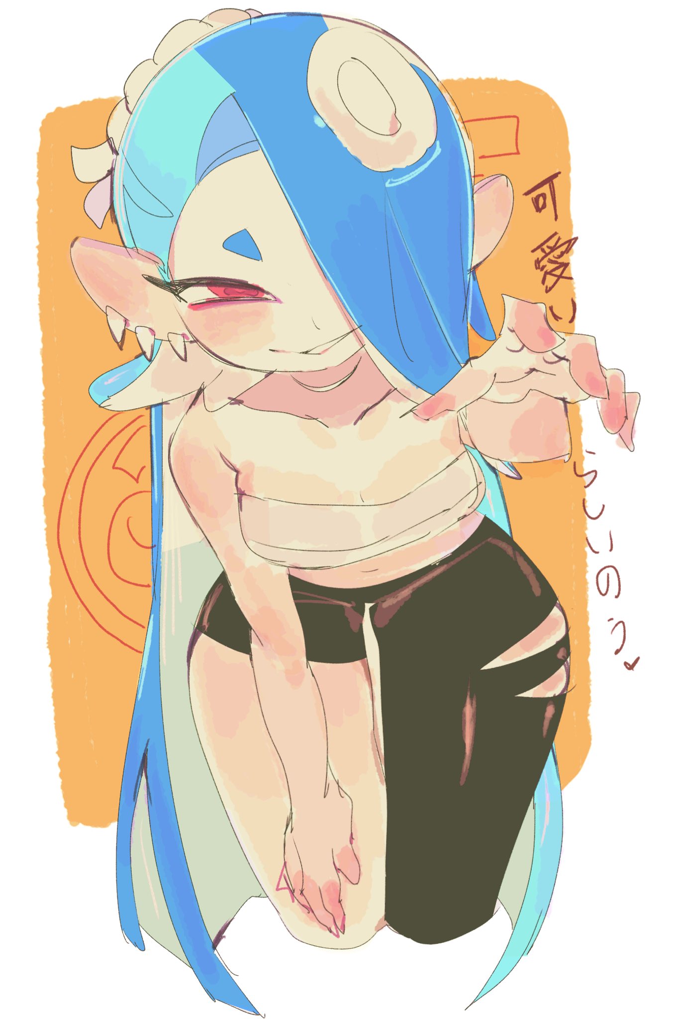 usa37107692, shiver (splatoon), nintendo, splatoon (series), splatoon 3, highres, 1girl, blue hair, blue shawl, cephalopod eyes, chest sarashi, earrings, hair over one eye, jewelry, looking at viewer, multiple earrings, octoling, open mouth, pants, pointy ears, red eyes, sarashi, shawl, smile, solo, suction cups, tentacle hair, tentacle hair ornament, tooth earrings