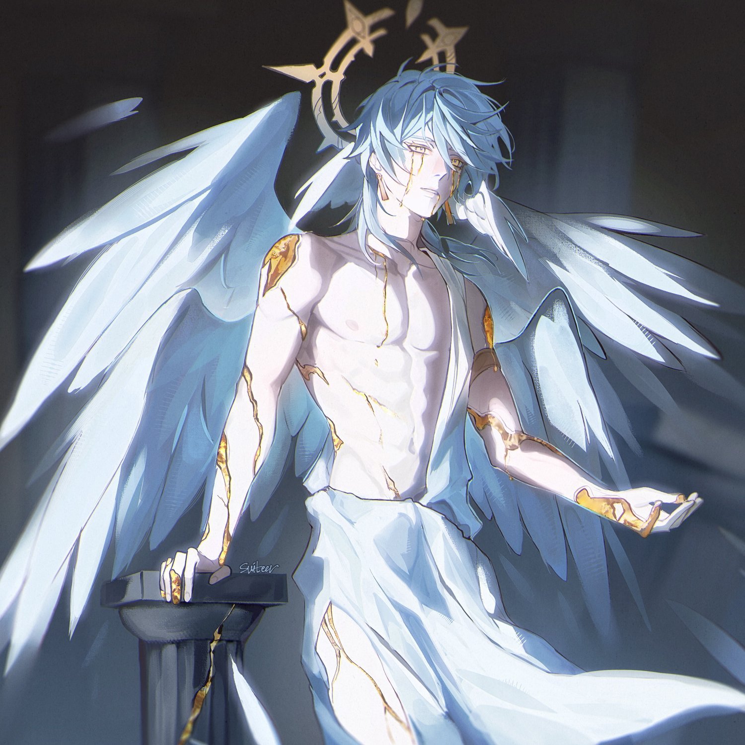 moonya, sunday (honkai: star rail), honkai: star rail, honkai (series), commentary, highres, symbol-only commentary, 1boy, abs, ancient greek clothes, angel, angel wings, arm support, artist name, collarbone, column, cowboy shot, earrings, feathered wings, gold blood, gold earrings, greco-roman clothes, grey hair, hair between eyes, halo, halo behind head, head wings, himation, jewelry, male focus, medium hair, multiple wings, navel, nipples, parted lips, pectorals, pillar, signature, solo, standing, stomach, toned, toned male, white wings, wings, yellow eyes