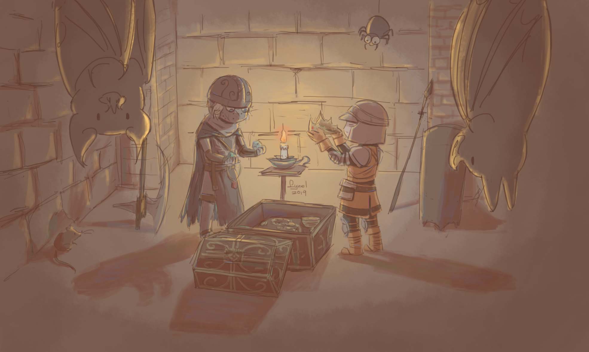 lynol, creighton of mirrah, mild mannered pate, dark souls (series), dark souls ii, commentary, highres, 2019, 2boys, axe, bat (animal), blue cape, blue eyes, boots, brick wall, brown boots, brown gloves, brown tunic, bug, candle, cape, crown, full body, gloves, helmet, indoors, mask, masked, mouse (animal), multiple boys, polearm, spear, spider, standing, treasure chest, tunic, weapon