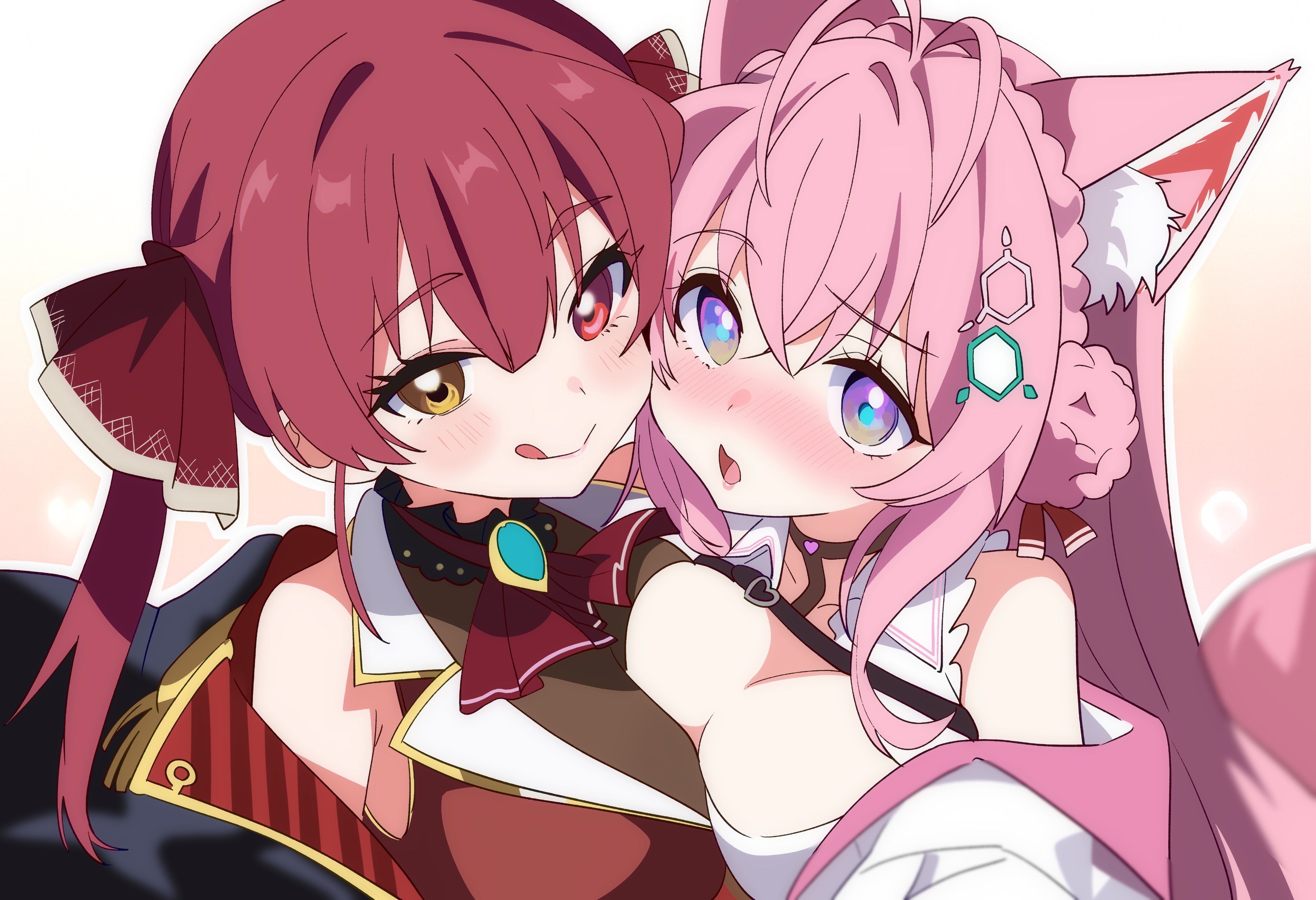hutaba haru, hakui koyori, hakui koyori (1st costume), houshou marine, houshou marine (1st costume), hololive, absurdres, commentary request, highres, 2girls, animal ears, antenna hair, ascot, asymmetrical docking, black choker, black coat, blush, braid, braided bun, breast press, breasts, brooch, choker, coat, collared shirt, crown braid, double-parted bangs, double bun, frilled choker, frilled shirt, frills, gold trim, hair bun, hair ribbon, heterochromia, hexagon hair ornament, jacket, jewelry, large breasts, licking lips, long hair, looking at viewer, multiple girls, open mouth, pink hair, pink tail, purple eyes, red ascot, red eyes, red hair, red jacket, red ribbon, ribbon, shirt, sidelocks, sleeveless, sleeveless jacket, sleeveless shirt, smile, tail, tongue, tongue out, twintails, very long hair, virtual youtuber, white coat, white shirt, wolf ears, wolf girl, wolf tail, yellow eyes