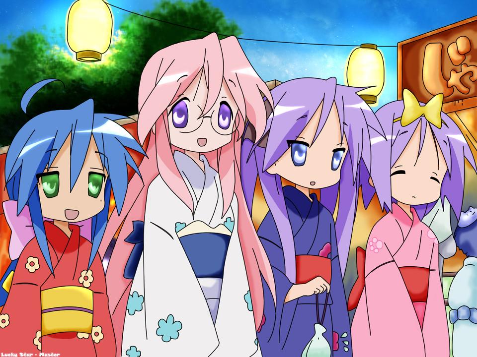 hiiragi kagami, hiiragi tsukasa, izumi konata, takara miyuki, lucky star, non-web source, 00s, 4girls, ahoge, antenna hair, blue eyes, blue hair, blue kimono, festival, floral print, green eyes, japanese clothes, kimono, mole, mole under eye, multiple girls, open mouth, outdoors, pink hair, pink kimono, print kimono, purple eyes, purple hair, red kimono, siblings, sisters, smile, twins, upper body, white kimono, yukata